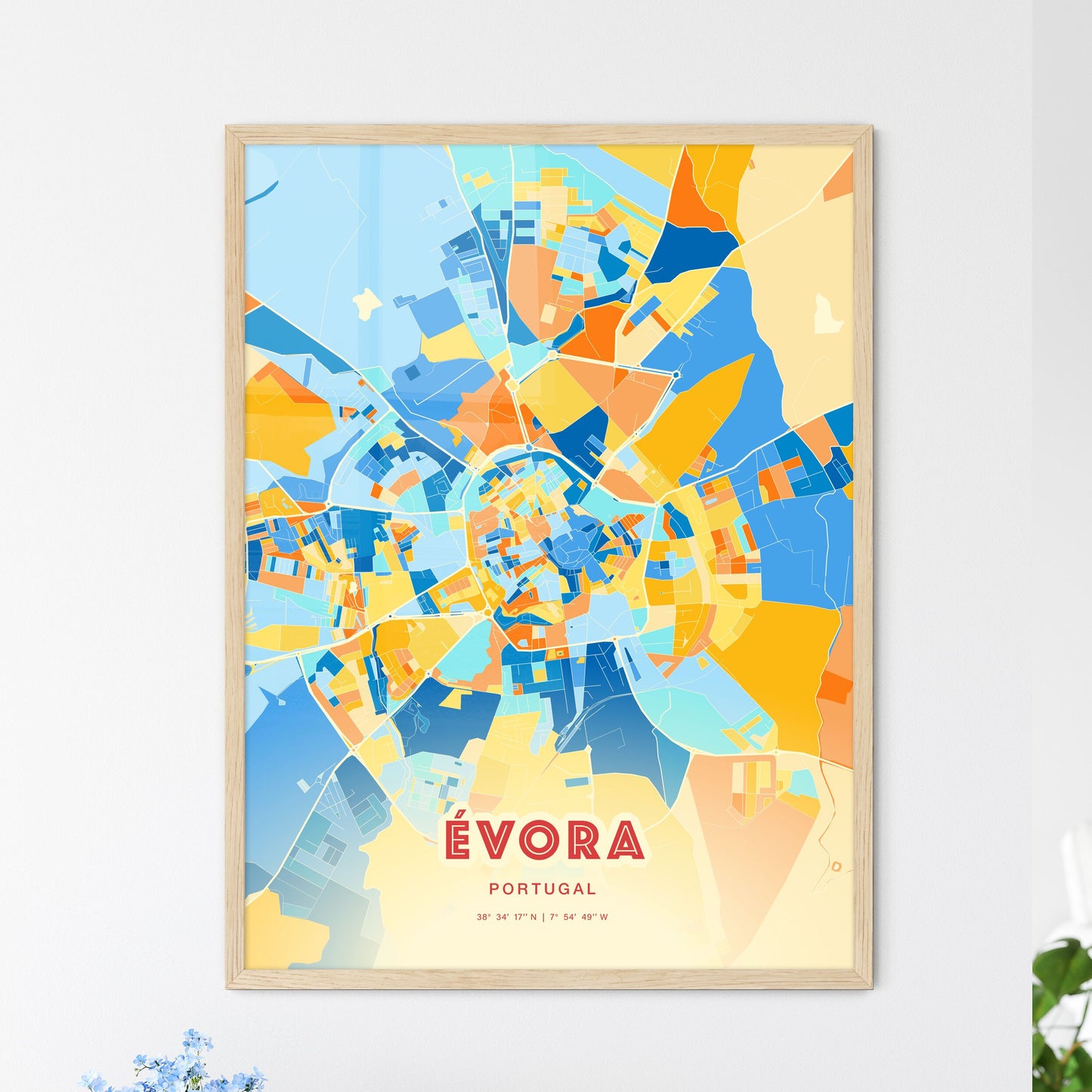 Colorful Évora Portugal Fine Art Map Blue Orange
