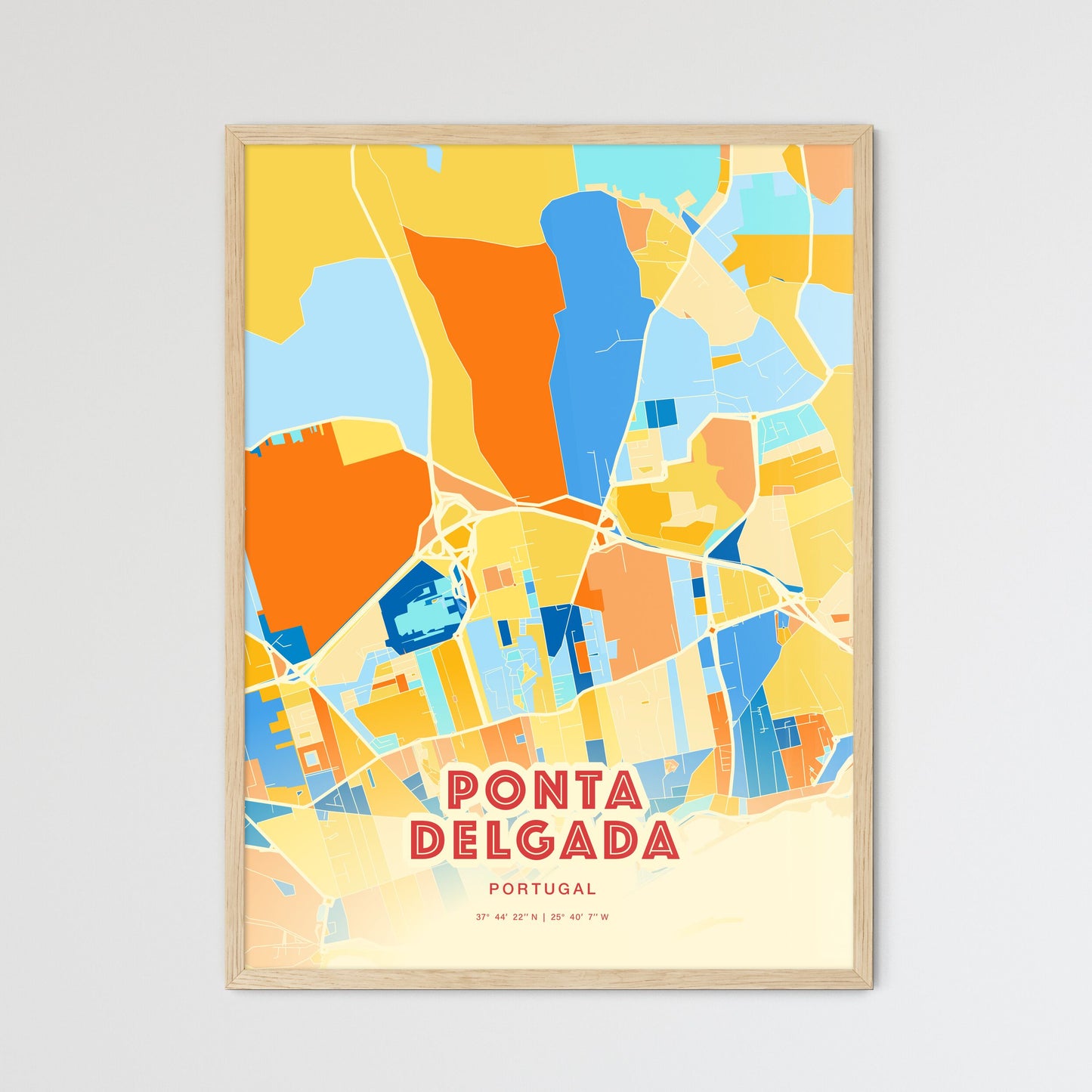 Colorful PONTA DELGADA PORTUGAL Fine Art Map Blue Orange