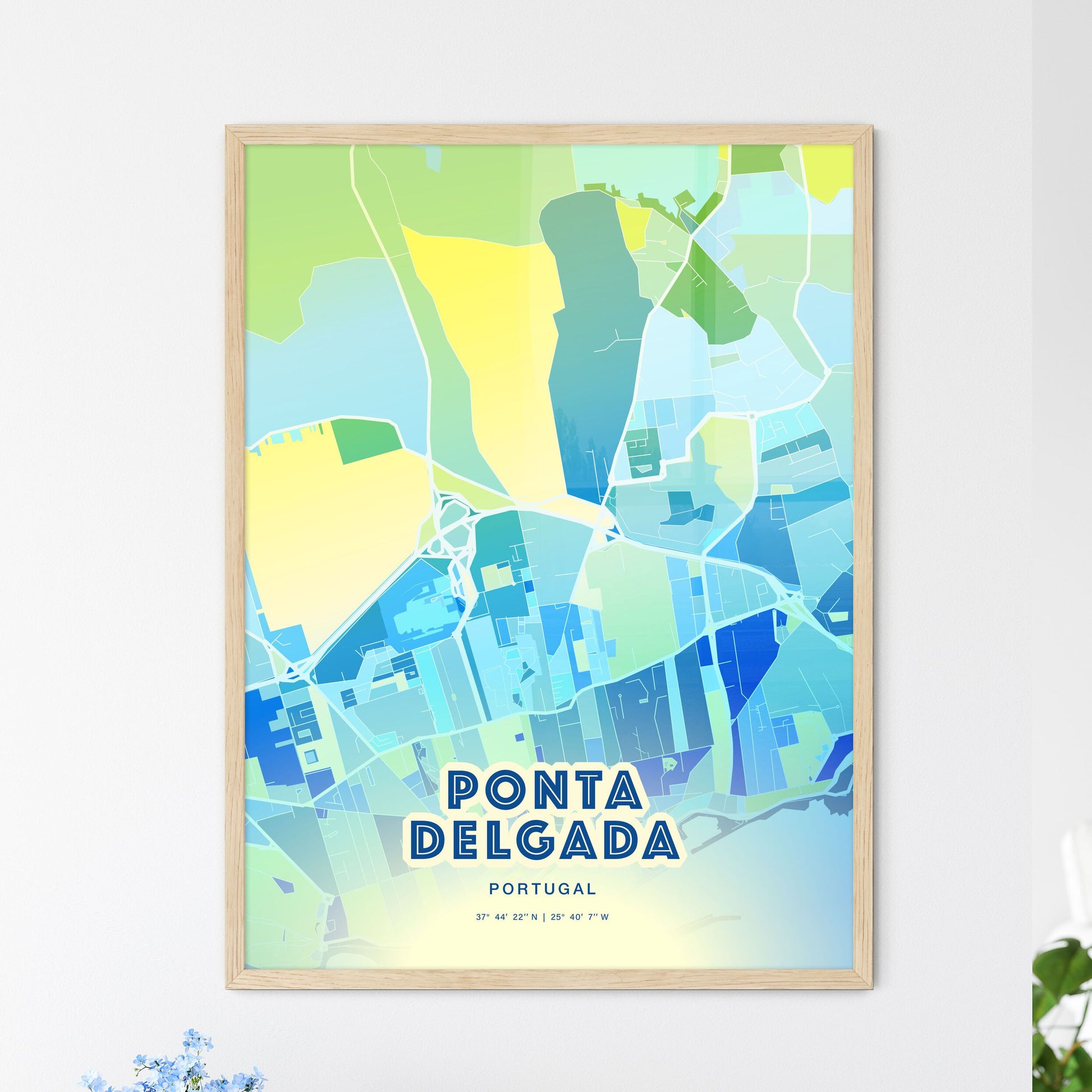 Colorful PONTA DELGADA PORTUGAL Fine Art Map Cool Blue