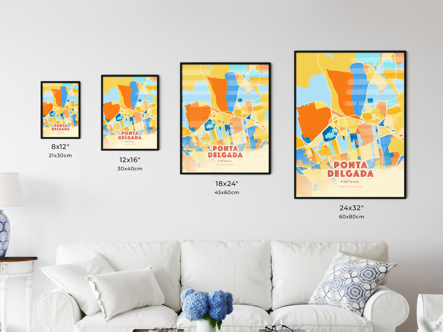 Colorful PONTA DELGADA PORTUGAL Fine Art Map Blue Orange