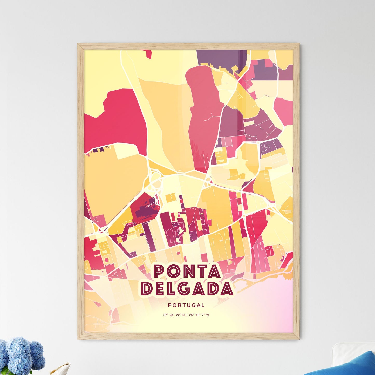 Colorful PONTA DELGADA PORTUGAL Fine Art Map Hot Red