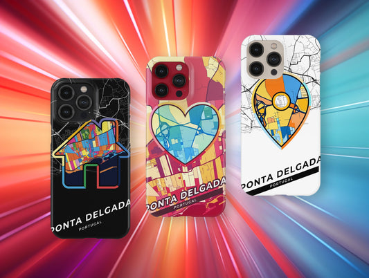 Ponta Delgada Portugal slim phone case with colorful icon. Birthday, wedding or housewarming gift. Couple match cases.