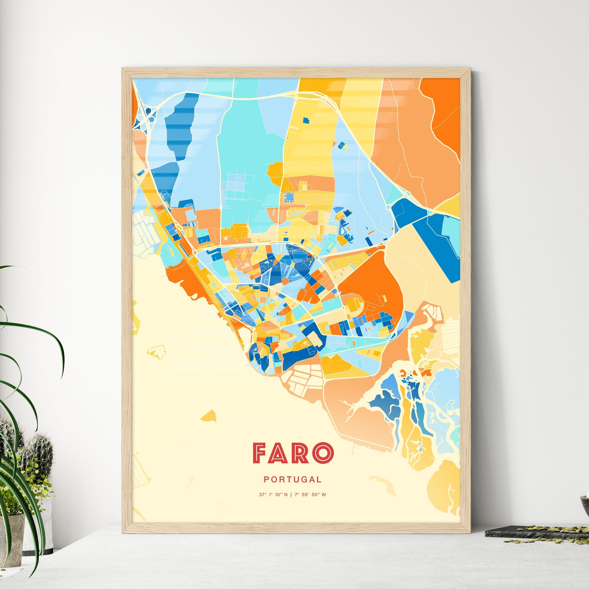 Colorful Faro Portugal Fine Art Map Blue Orange