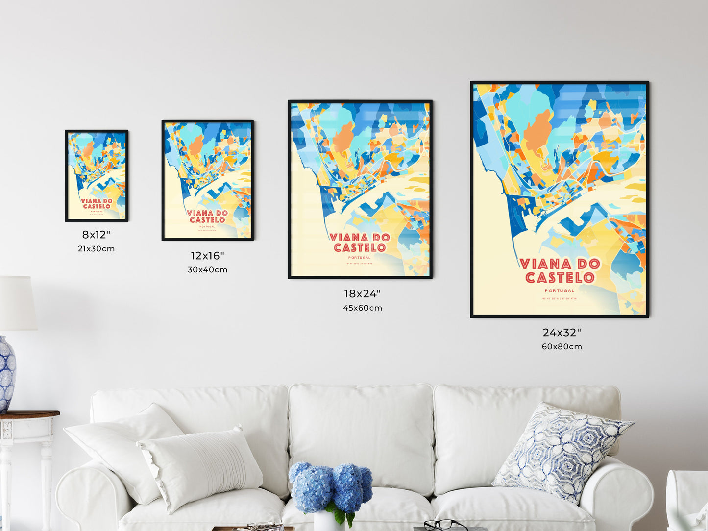 Colorful VIANA DO CASTELO PORTUGAL Fine Art Map Blue Orange