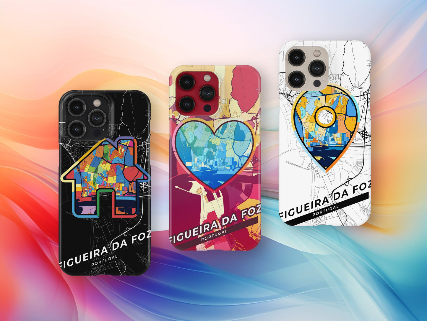 Figueira Da Foz Portugal slim phone case with colorful icon. Birthday, wedding or housewarming gift. Couple match cases.