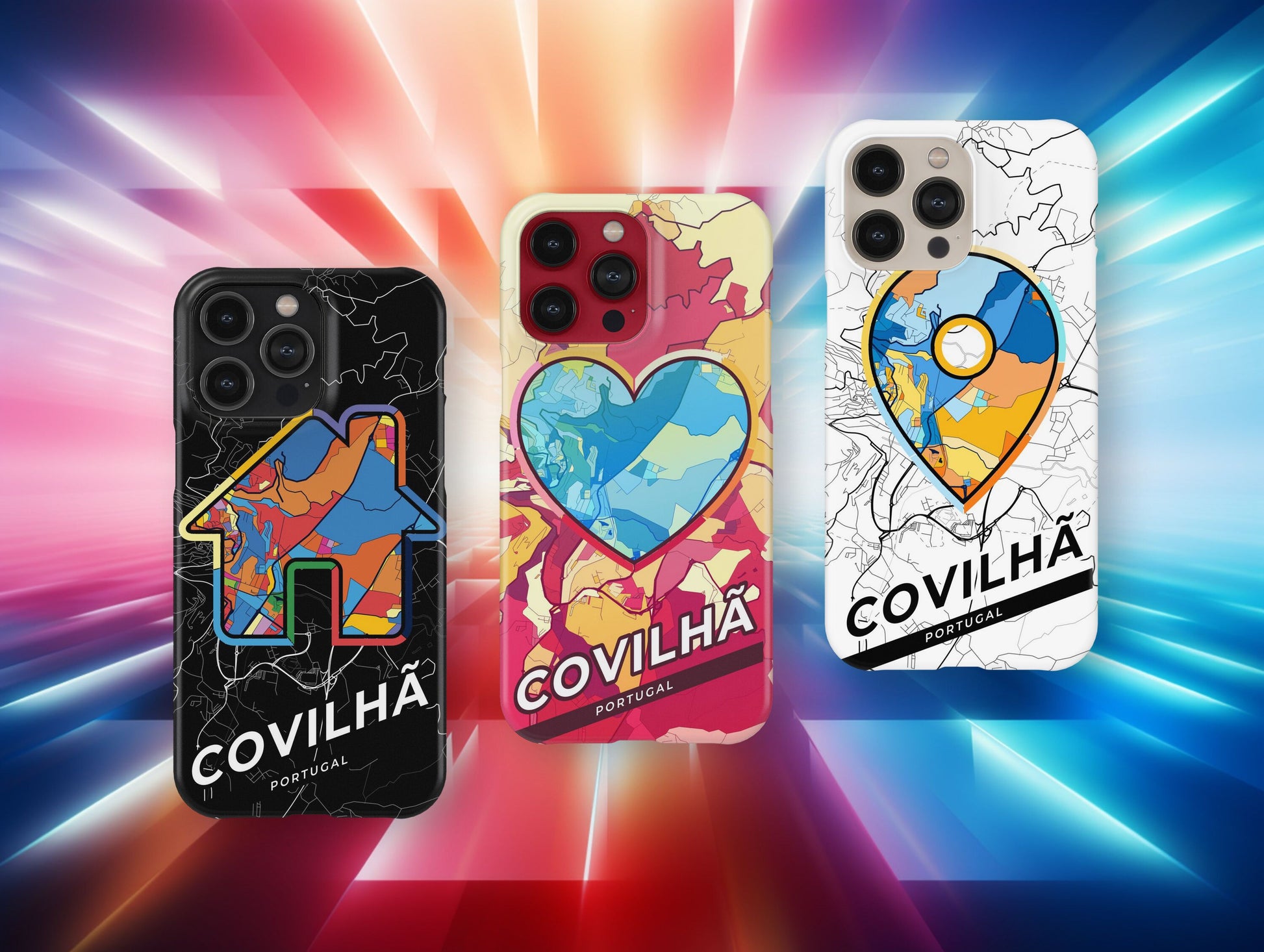 Covilhã Portugal slim phone case with colorful icon. Birthday, wedding or housewarming gift. Couple match cases.