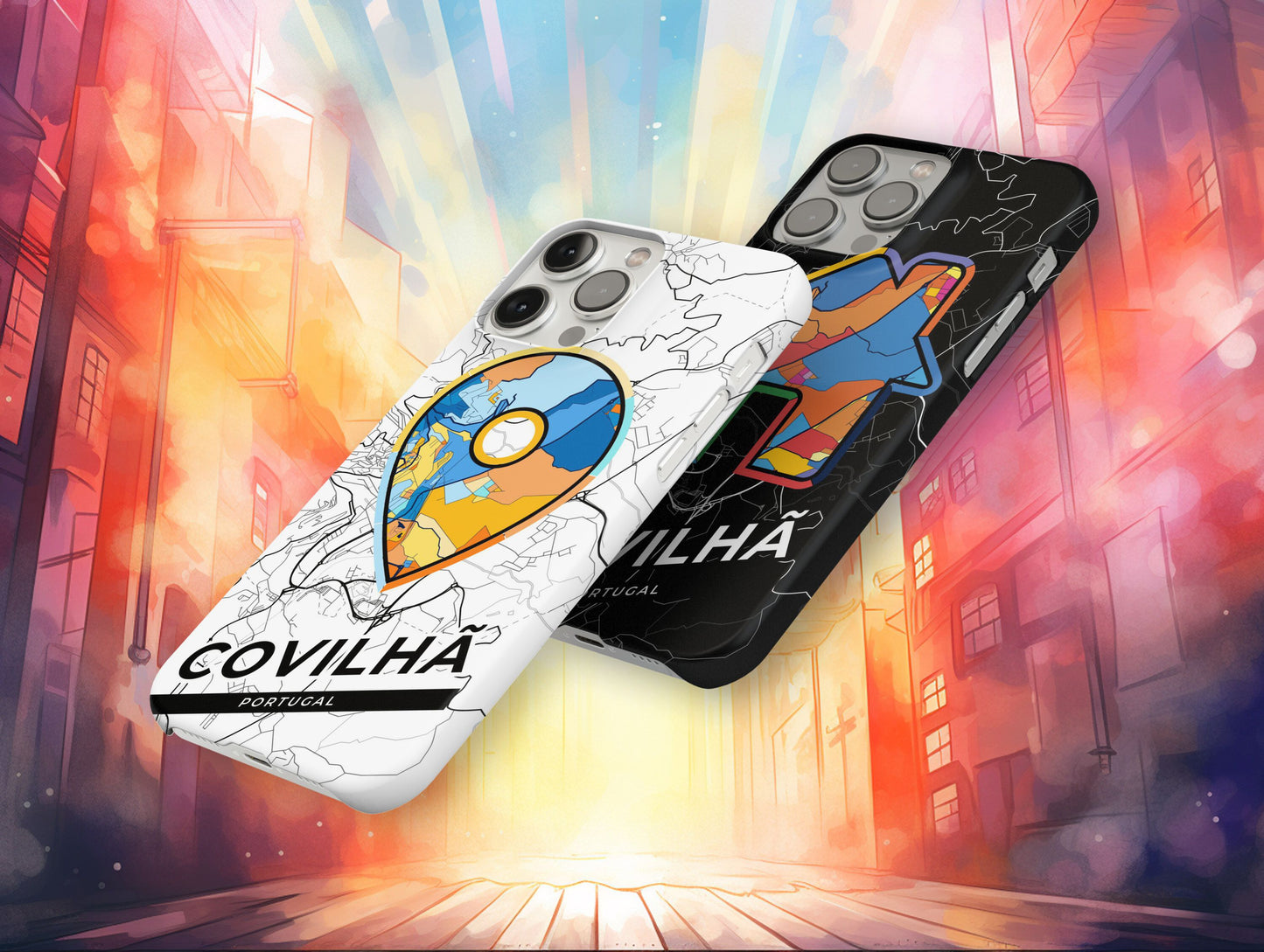 Covilhã Portugal slim phone case with colorful icon. Birthday, wedding or housewarming gift. Couple match cases.