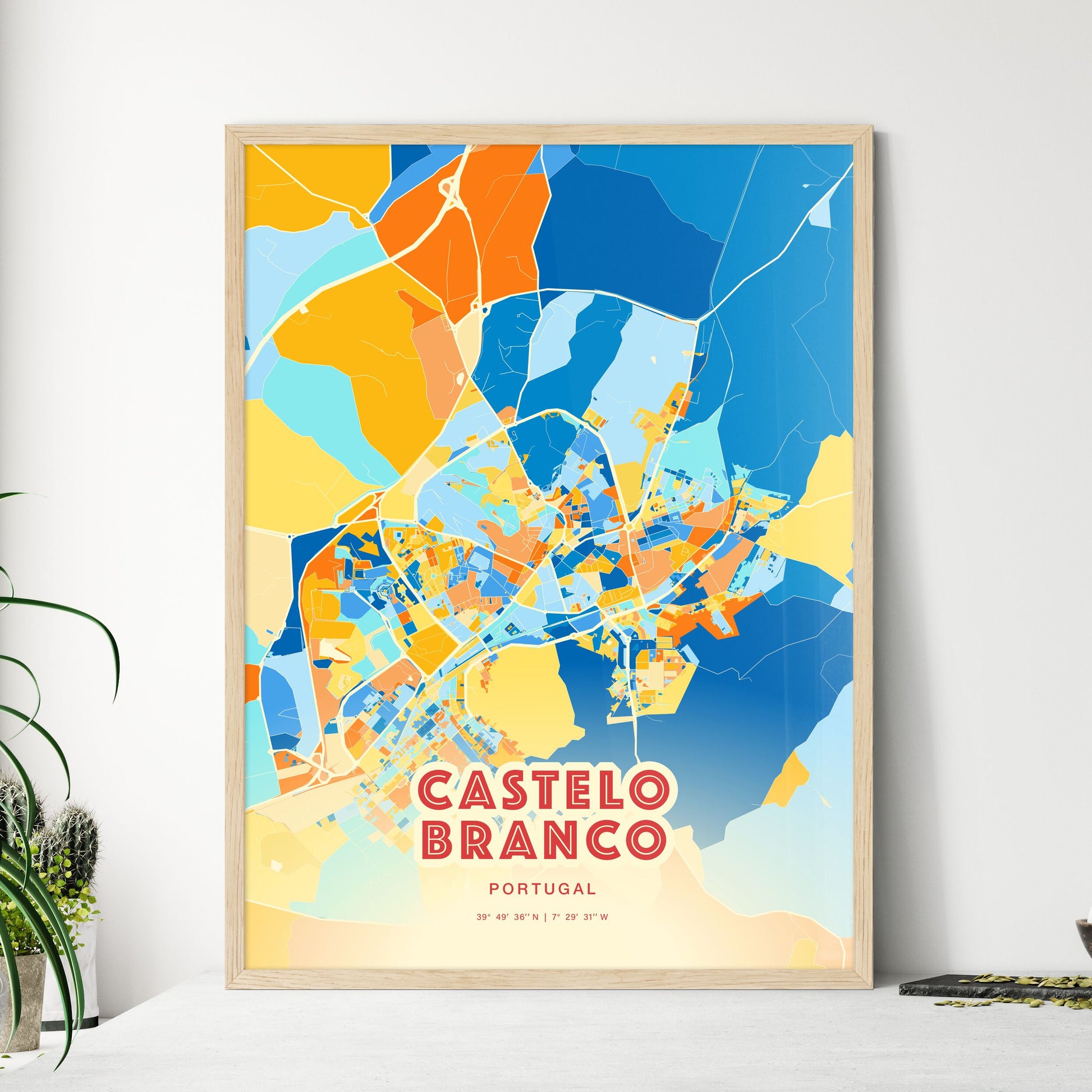 Colorful CASTELO BRANCO PORTUGAL Fine Art Map Blue Orange
