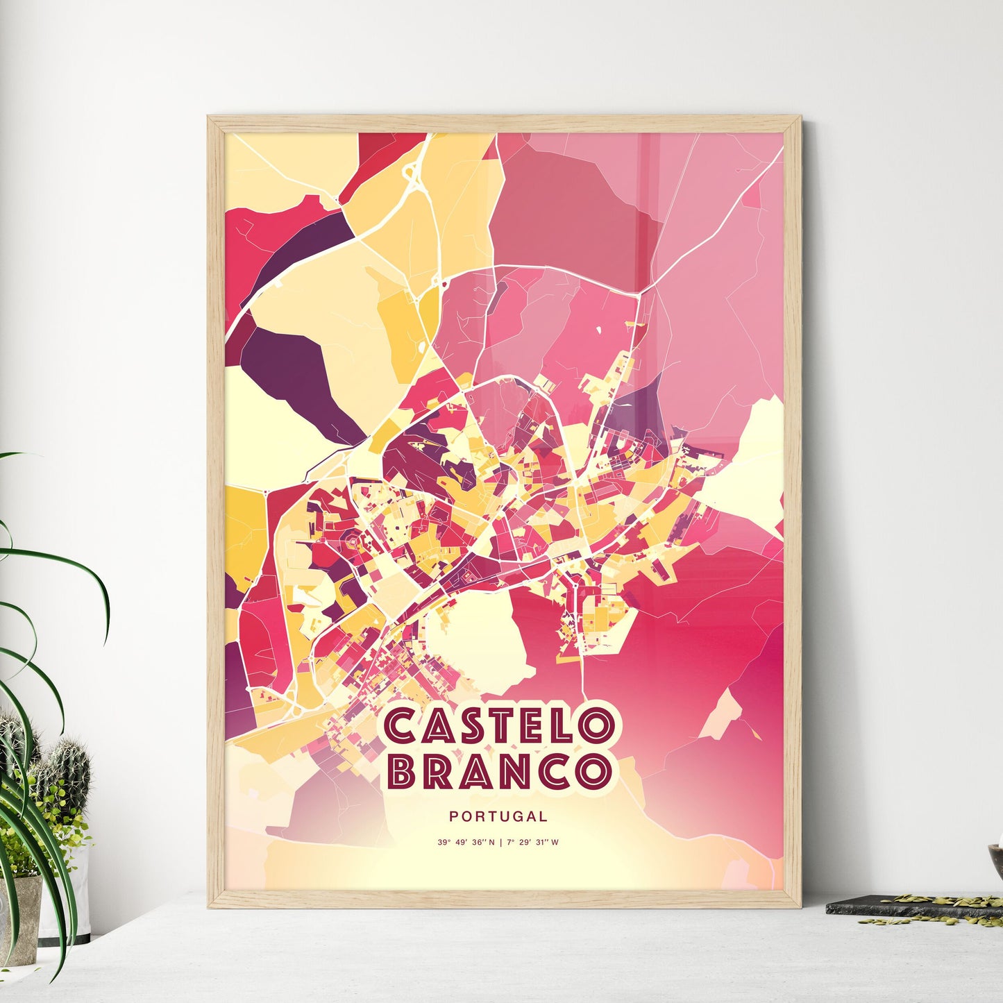 Colorful CASTELO BRANCO PORTUGAL Fine Art Map Hot Red