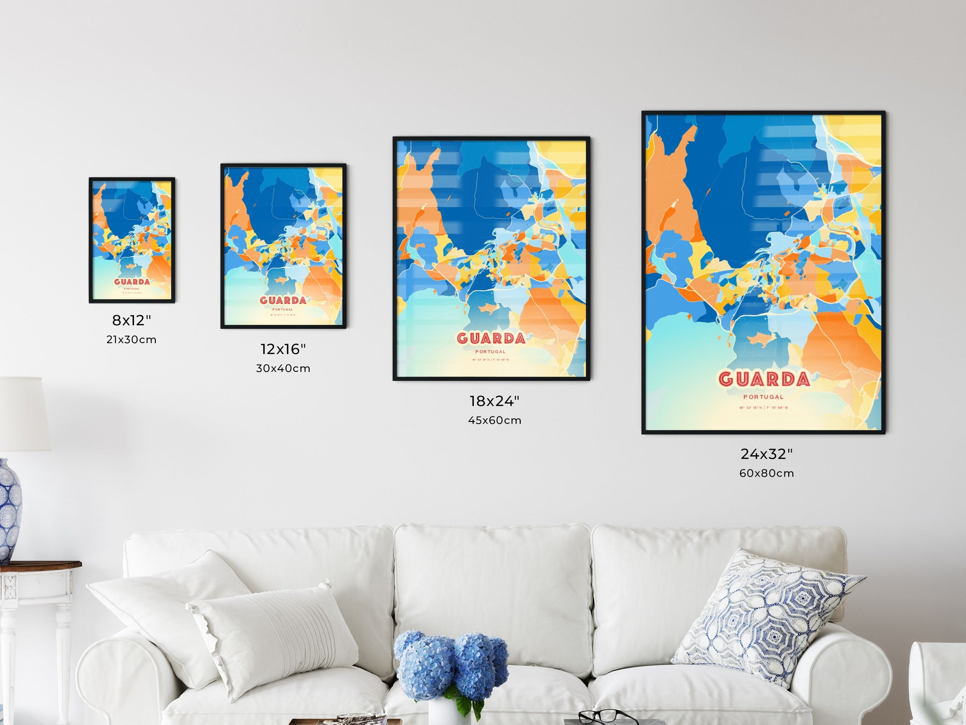 Colorful GUARDA PORTUGAL Fine Art Map Blue Orange