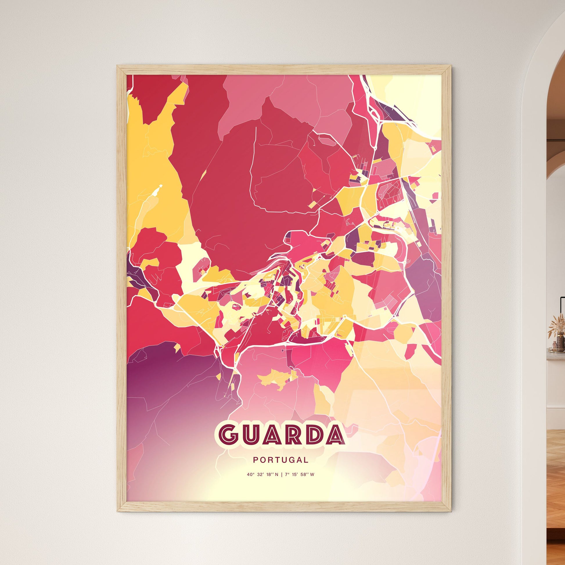 Colorful GUARDA PORTUGAL Fine Art Map Hot Red