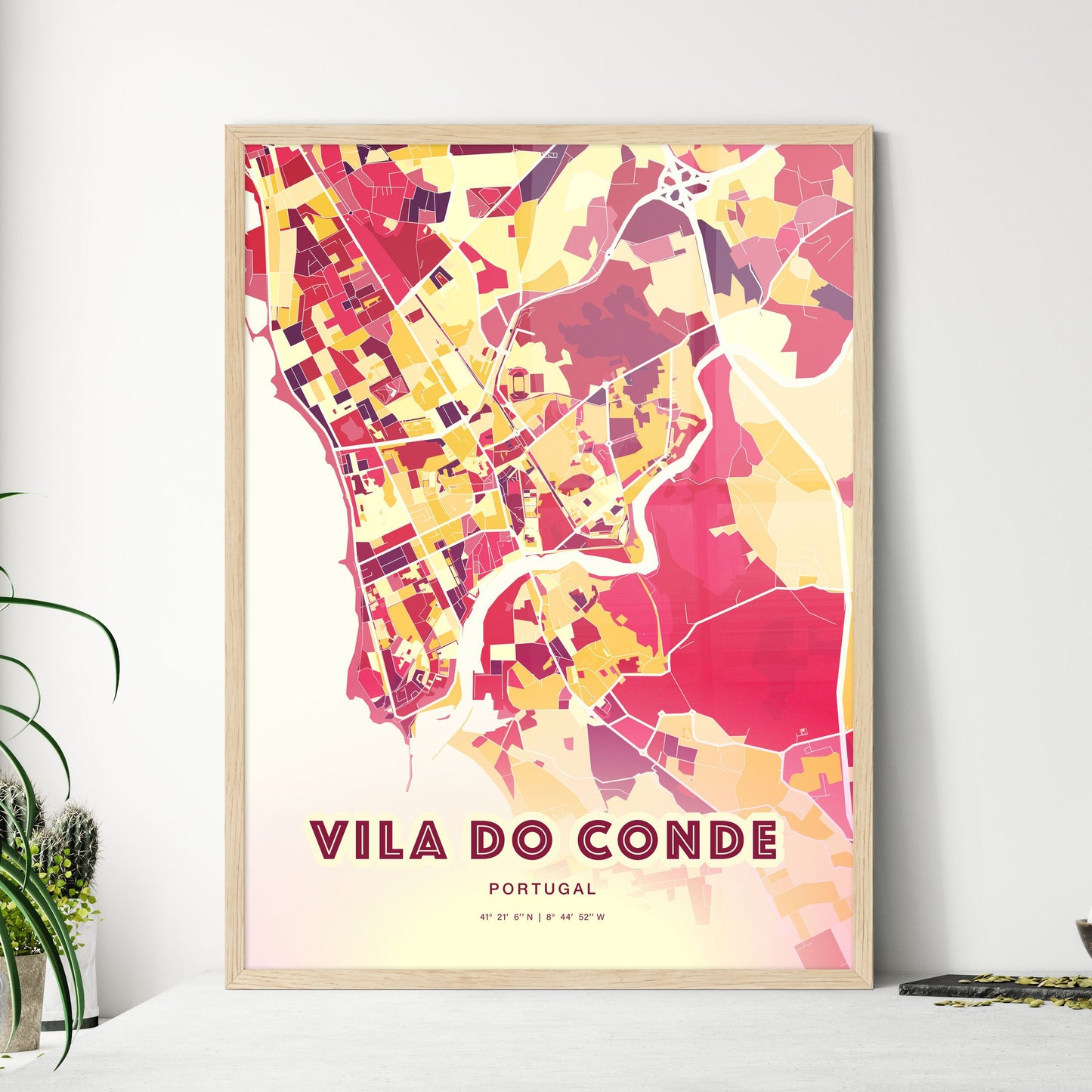Colorful VILA DO CONDE PORTUGAL Fine Art Map Hot Red