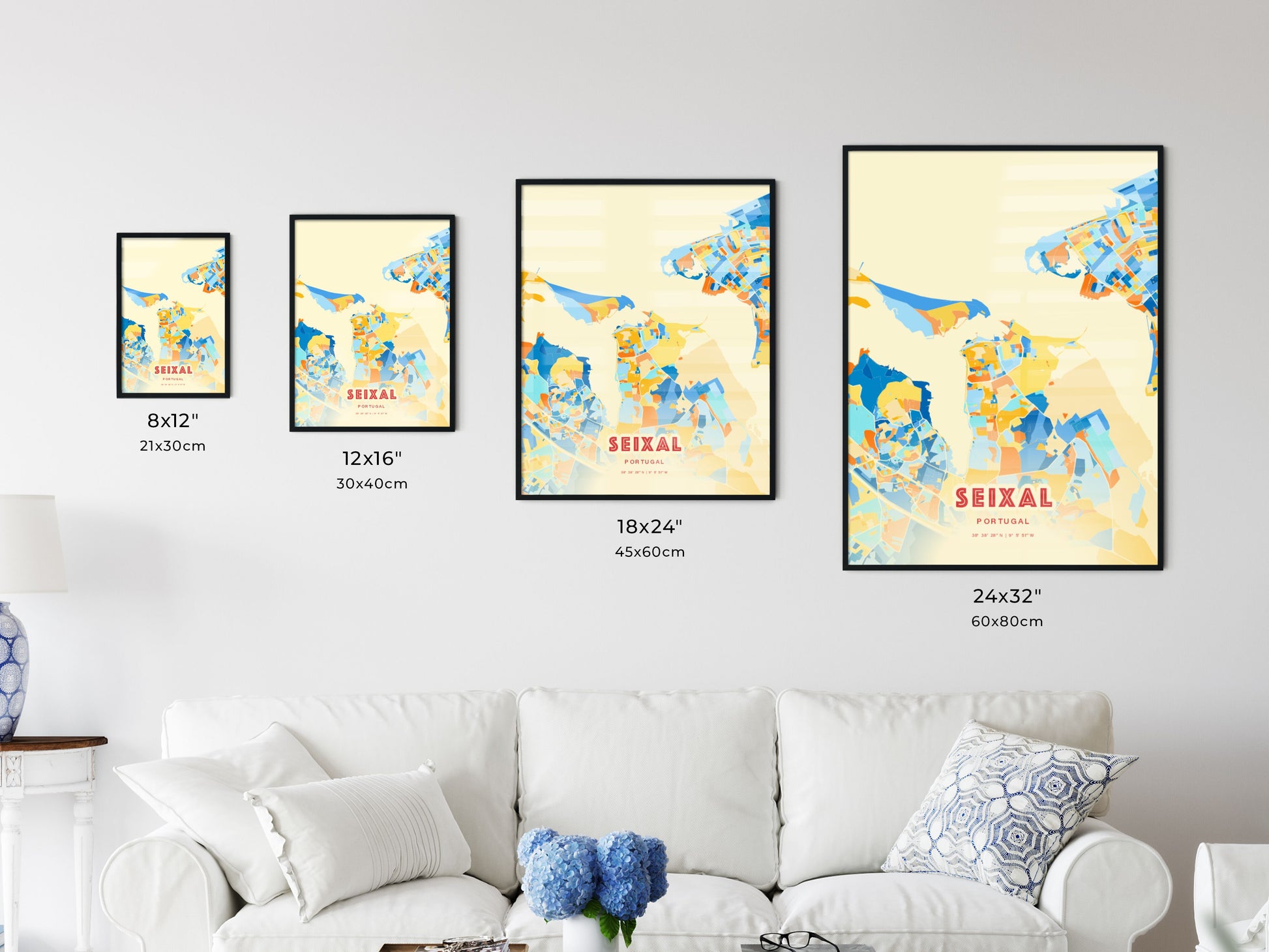 Colorful SEIXAL PORTUGAL Fine Art Map Blue Orange