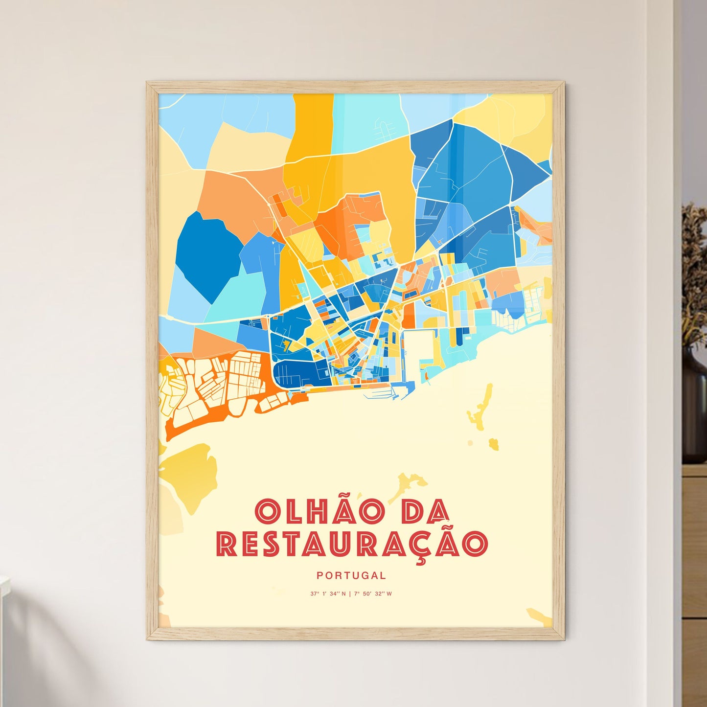 Colorful OLHÃO DA RESTAURAÇÃO PORTUGAL Fine Art Map Blue Orange