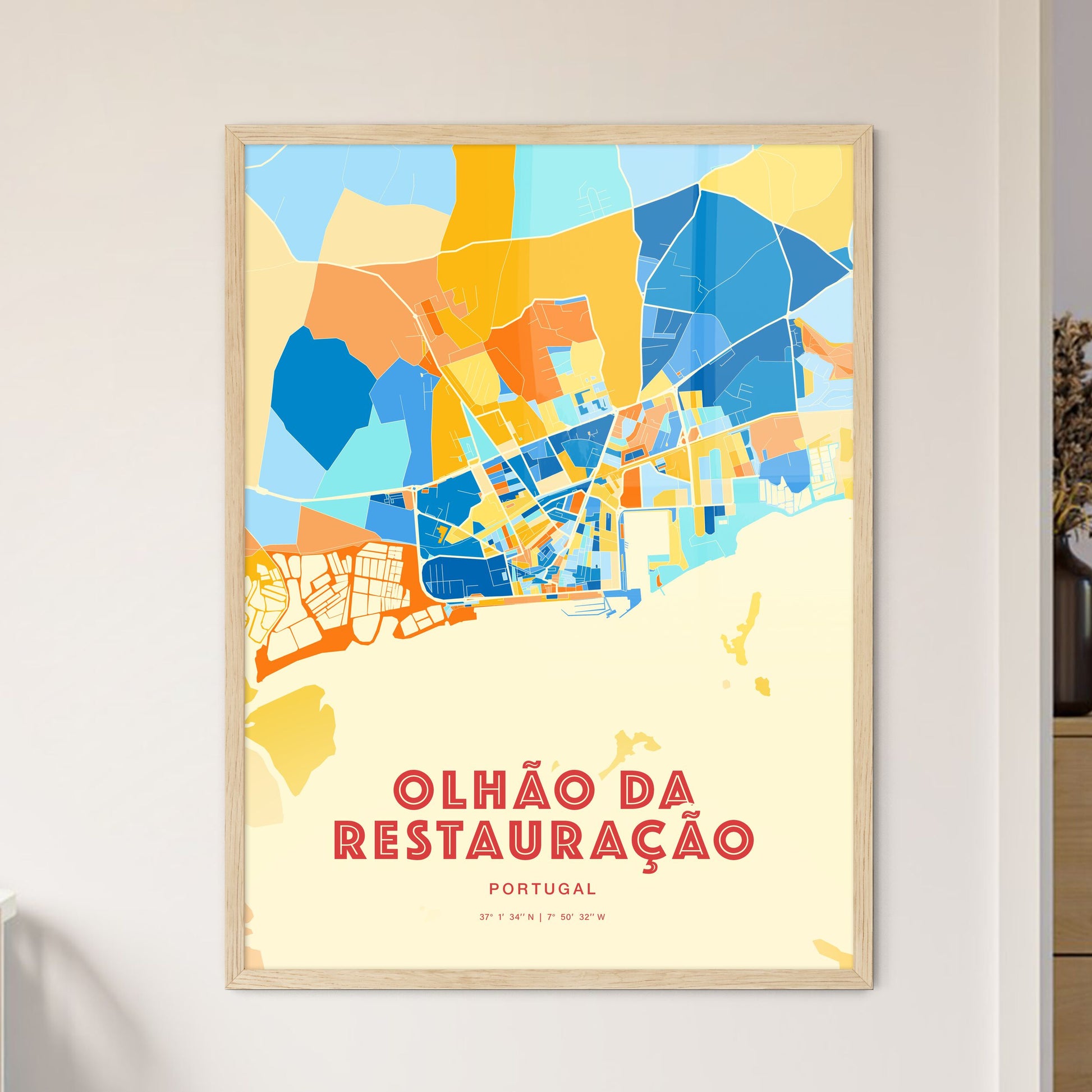 Colorful OLHÃO DA RESTAURAÇÃO PORTUGAL Fine Art Map Blue Orange