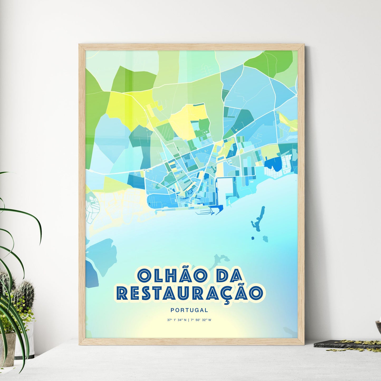 Colorful OLHÃO DA RESTAURAÇÃO PORTUGAL Fine Art Map Cool Blue