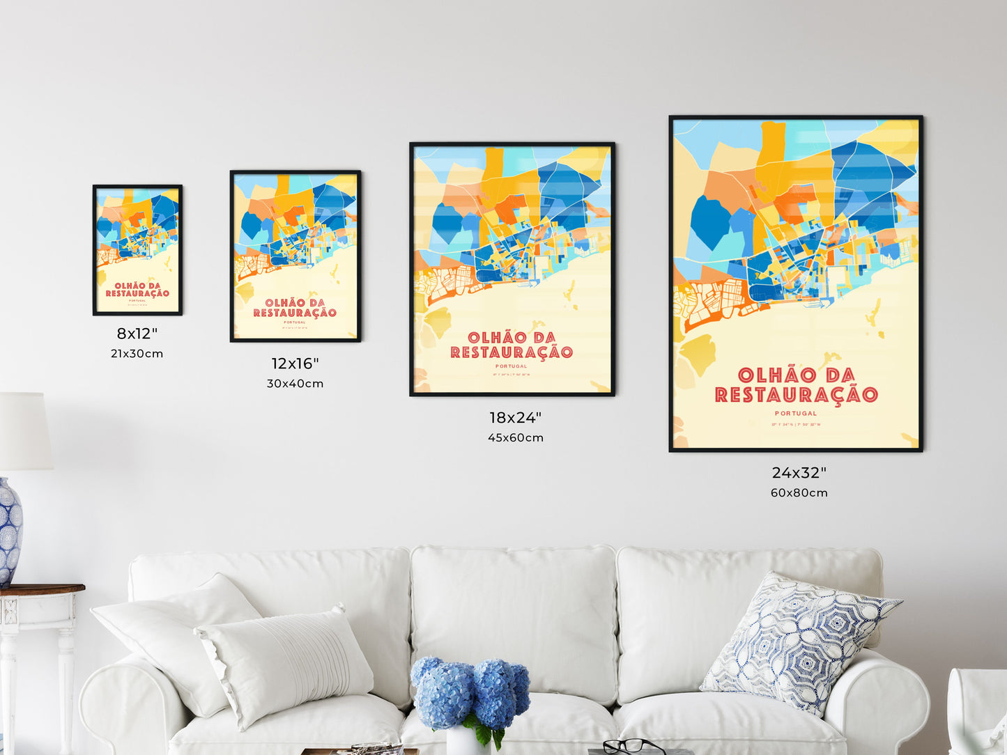 Colorful OLHÃO DA RESTAURAÇÃO PORTUGAL Fine Art Map Blue Orange