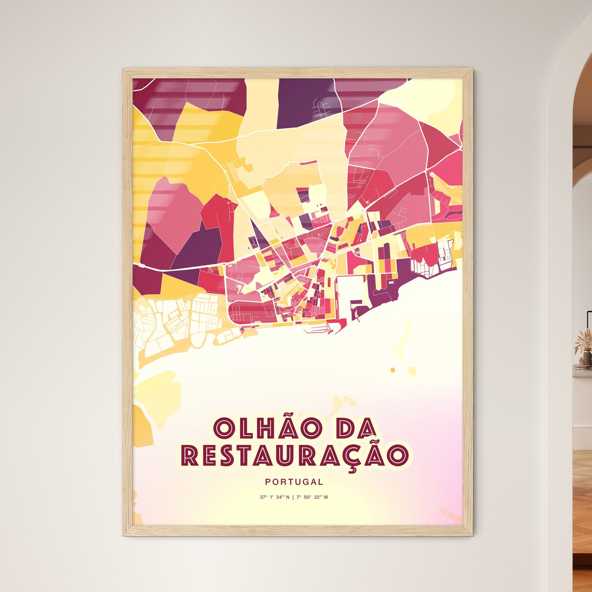 Colorful OLHÃO DA RESTAURAÇÃO PORTUGAL Fine Art Map Hot Red