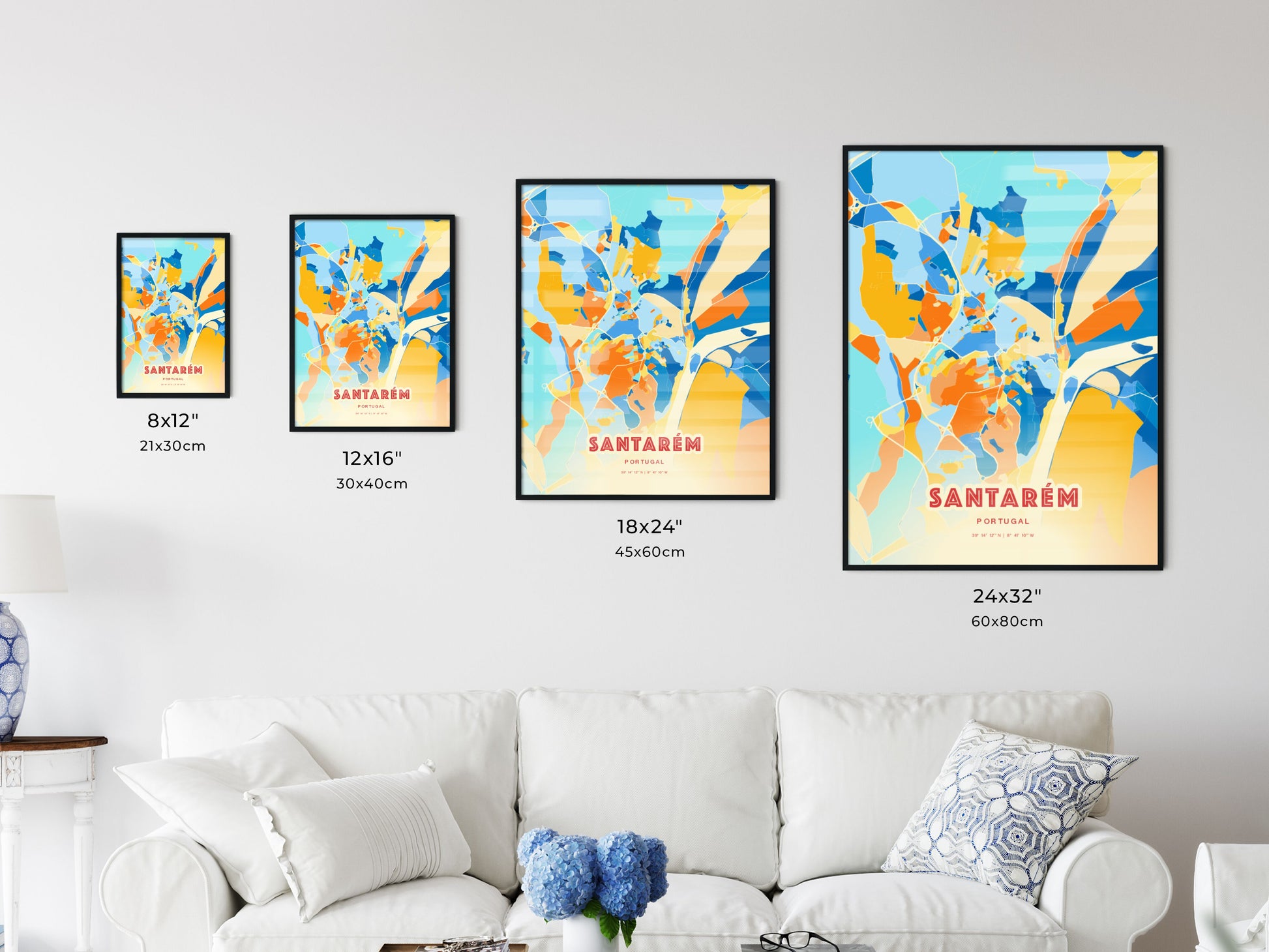 Colorful SANTARÉM PORTUGAL Fine Art Map Blue Orange