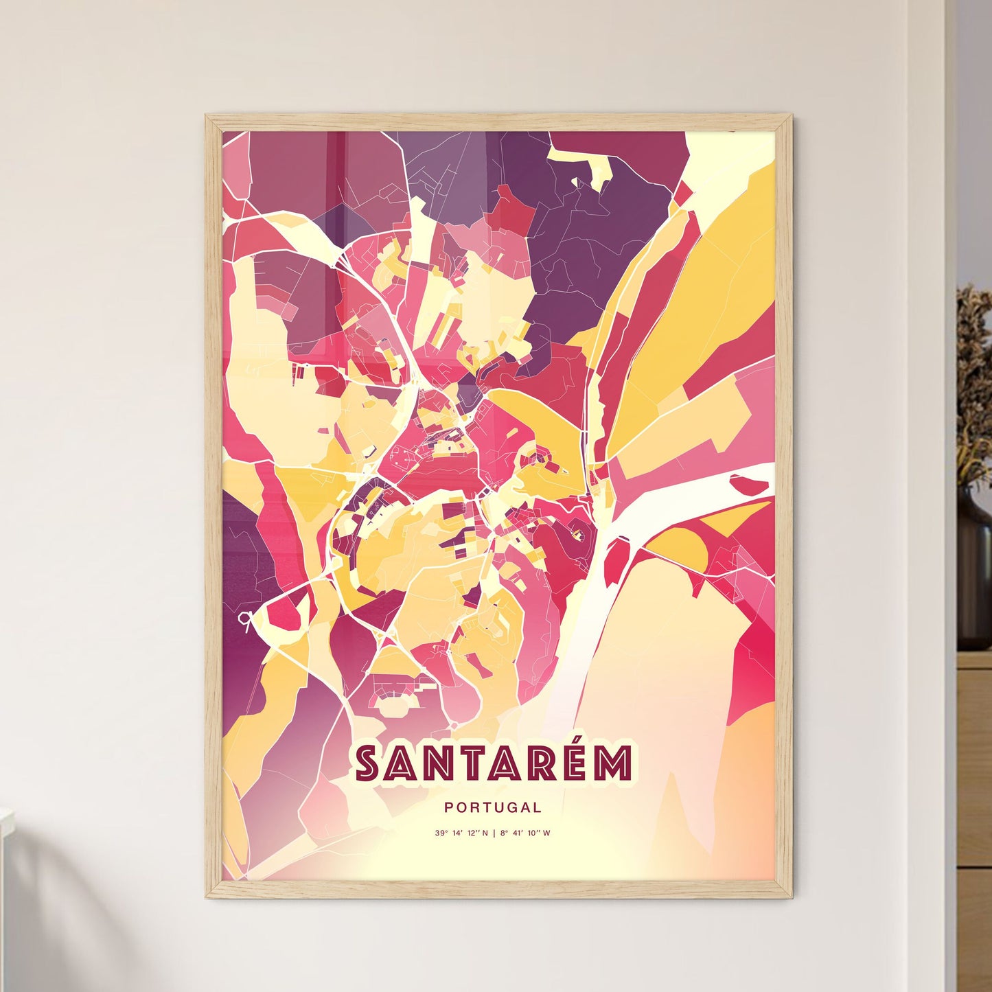 Colorful SANTARÉM PORTUGAL Fine Art Map Hot Red