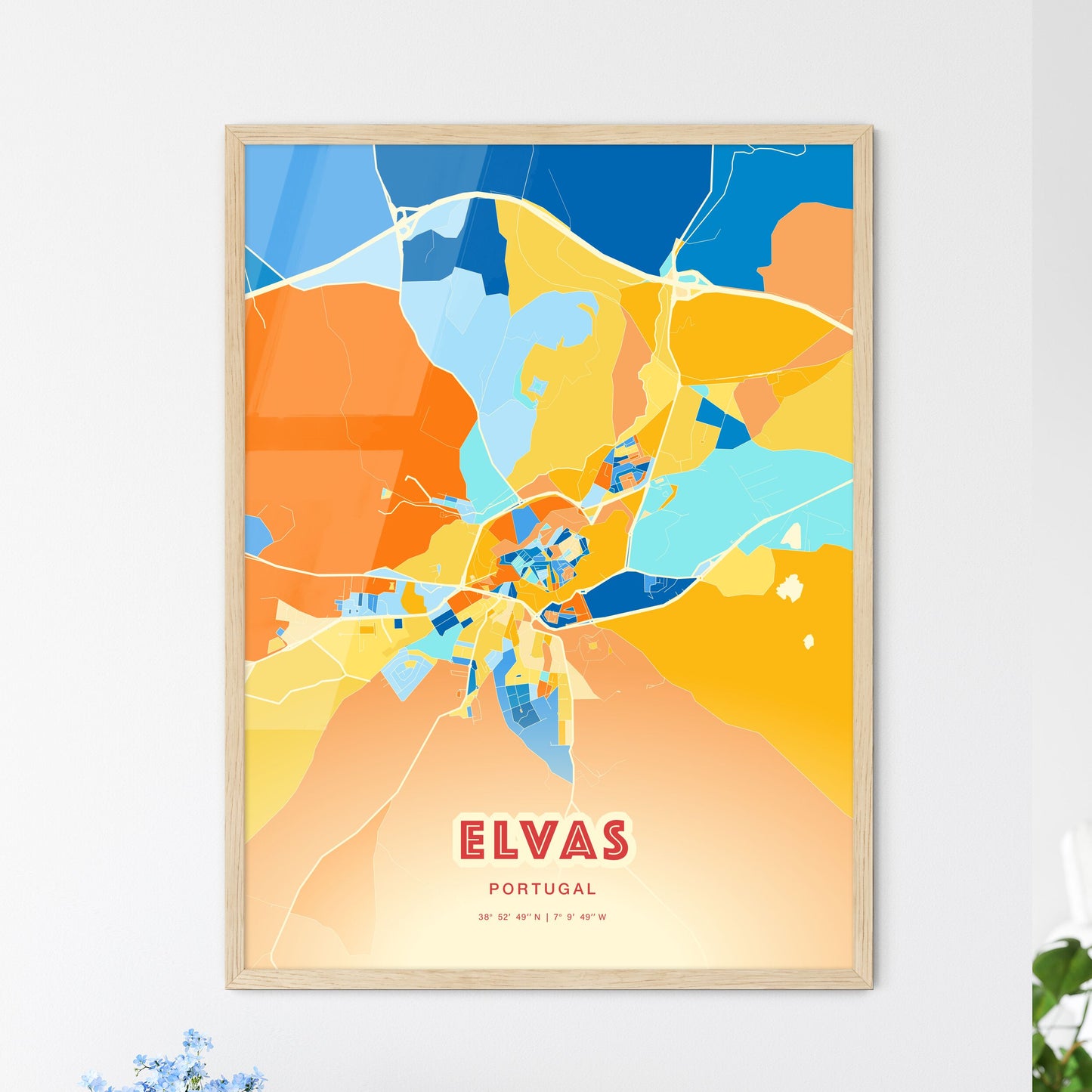 Colorful ELVAS PORTUGAL Fine Art Map Blue Orange