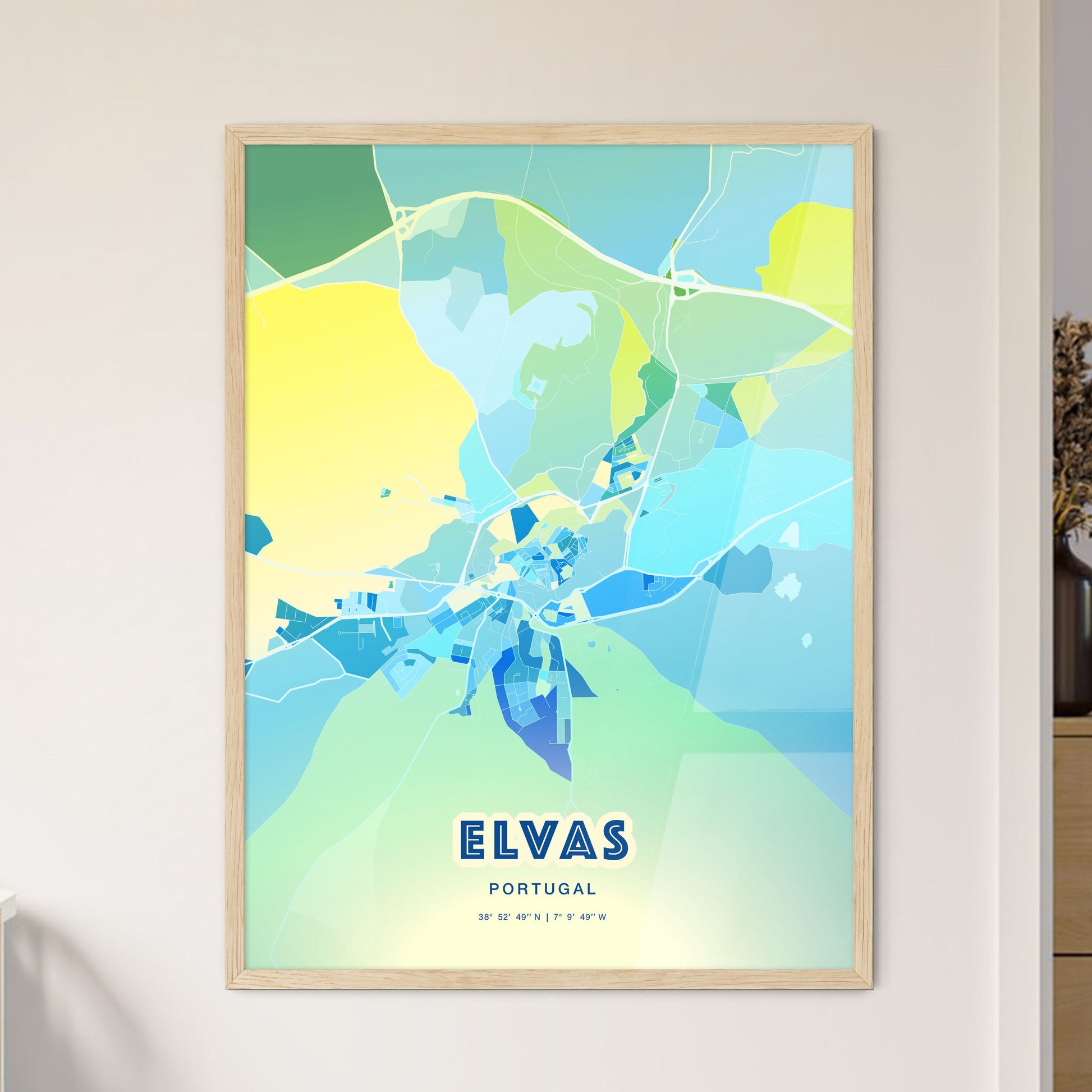 Colorful ELVAS PORTUGAL Fine Art Map Cool Blue