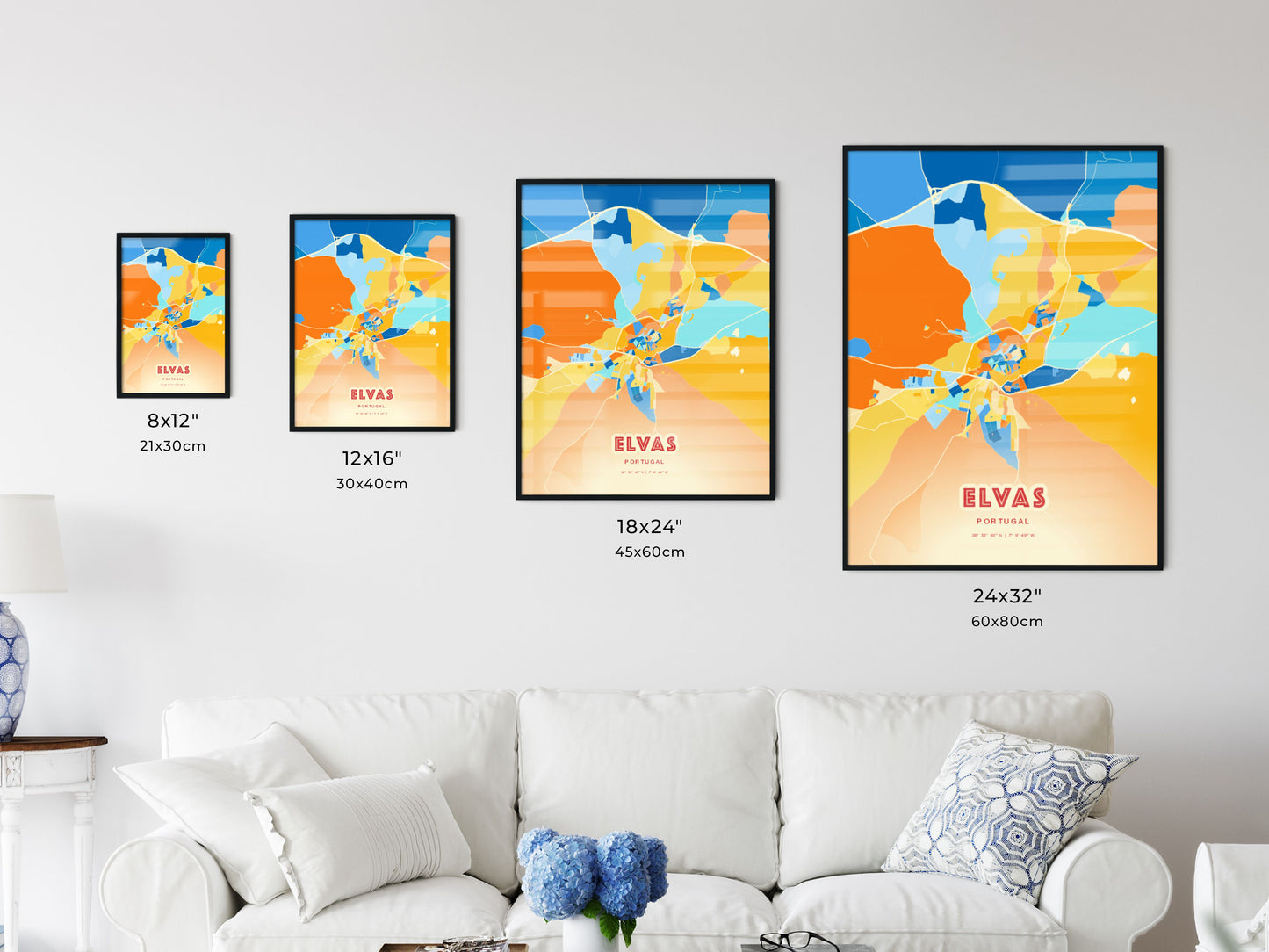 Colorful ELVAS PORTUGAL Fine Art Map Blue Orange