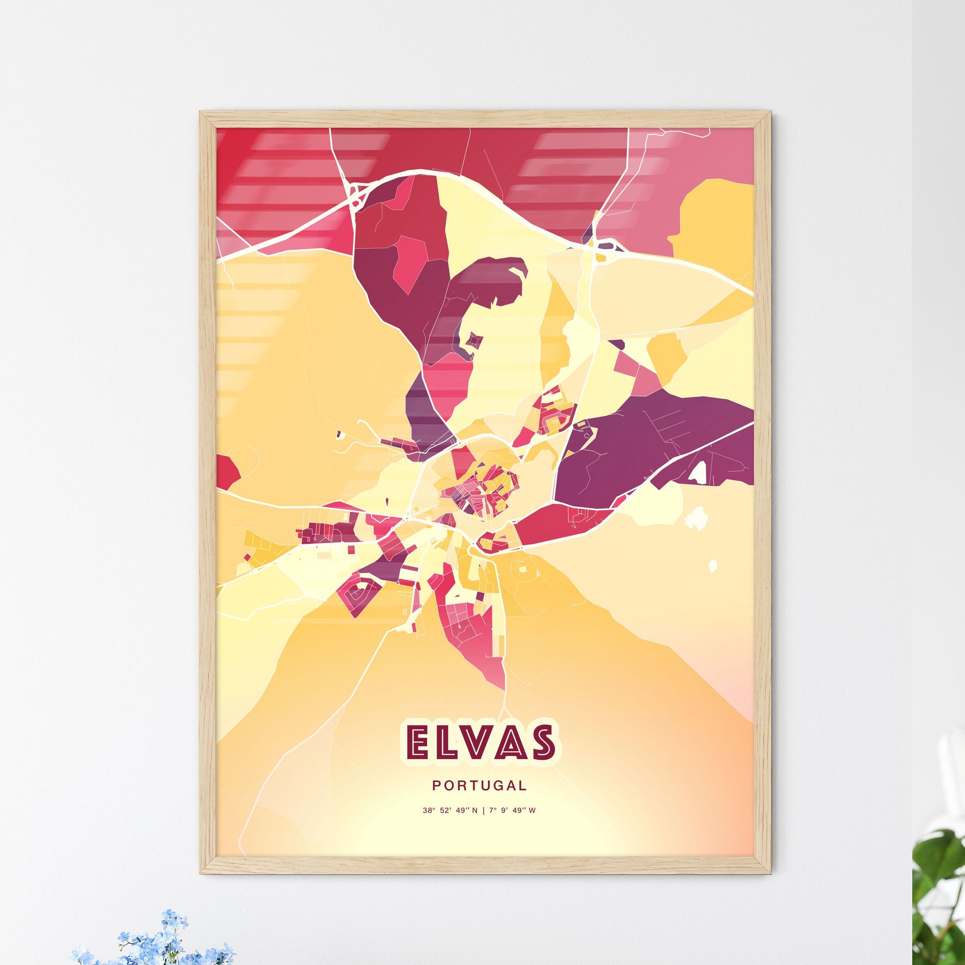 Colorful ELVAS PORTUGAL Fine Art Map Hot Red