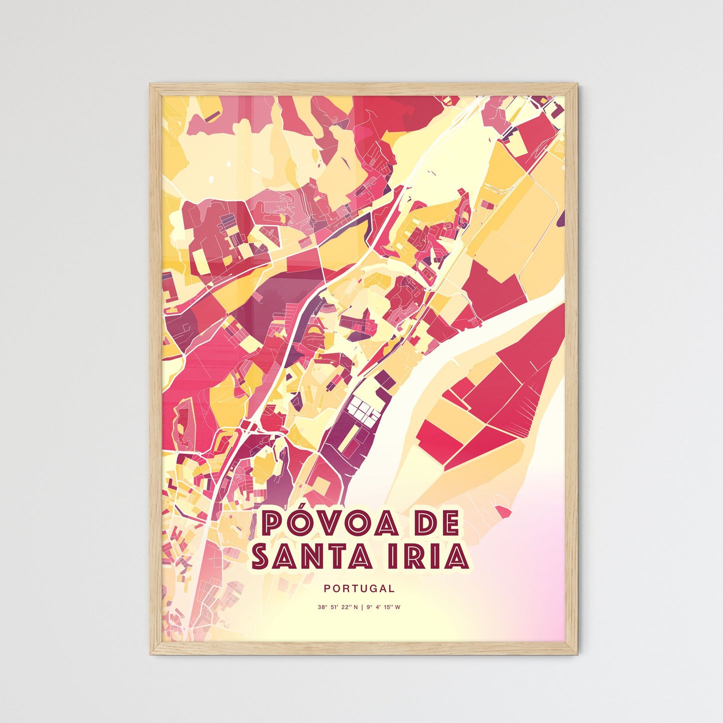 Colorful PÓVOA DE SANTA IRIA PORTUGAL Fine Art Map Hot Red