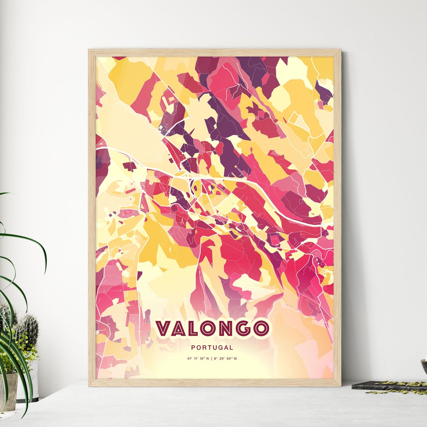 Colorful VALONGO PORTUGAL Fine Art Map Hot Red