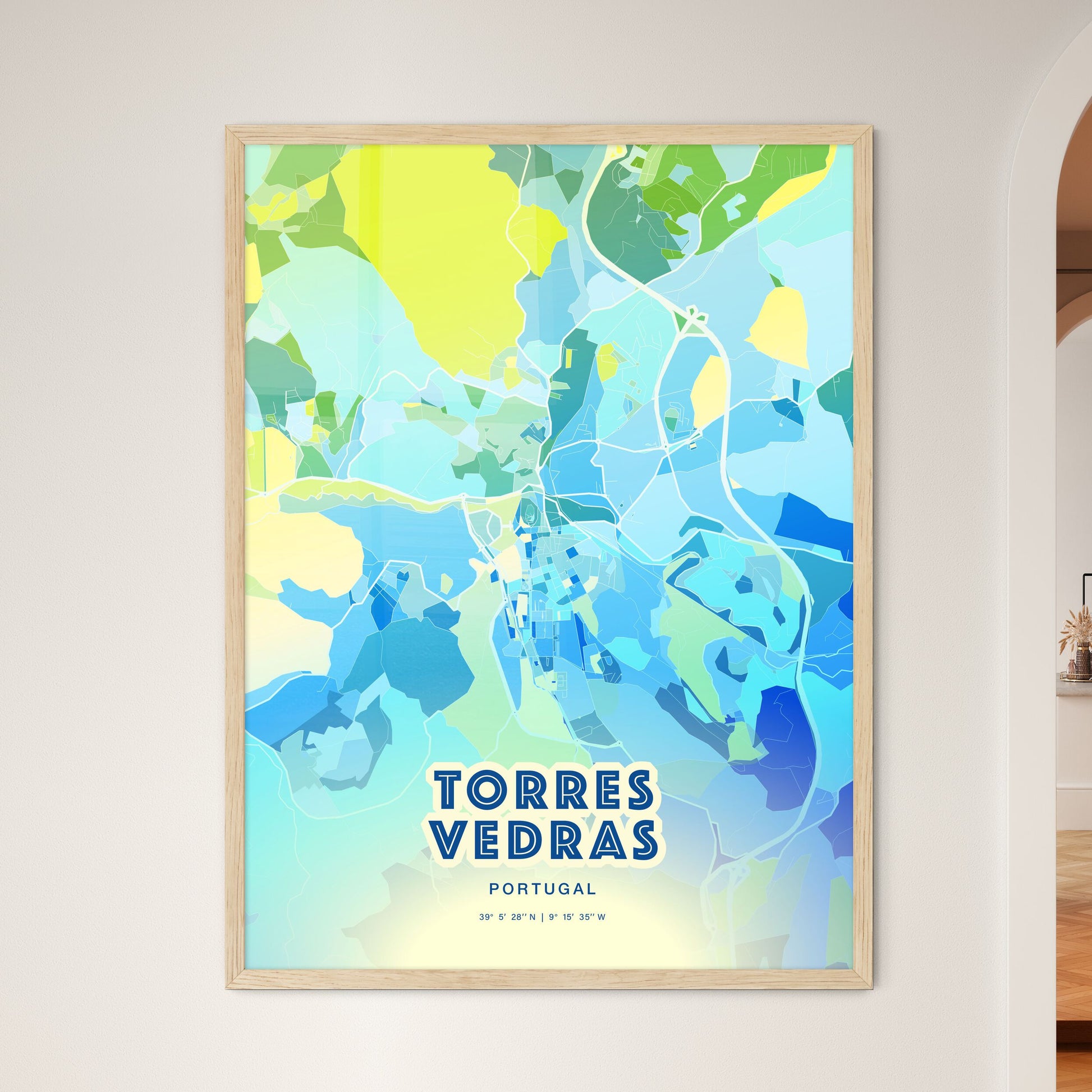 Colorful TORRES VEDRAS PORTUGAL Fine Art Map Cool Blue