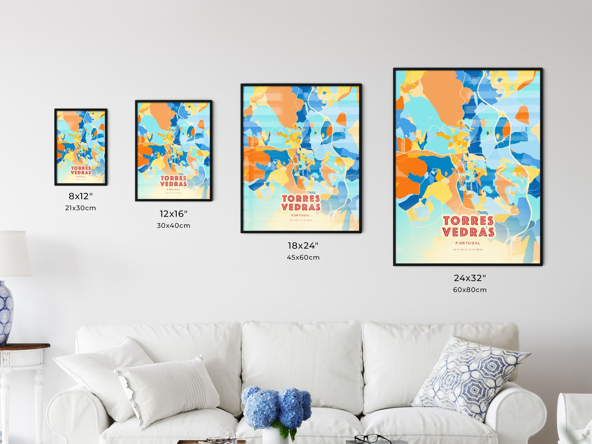 Colorful TORRES VEDRAS PORTUGAL Fine Art Map Blue Orange