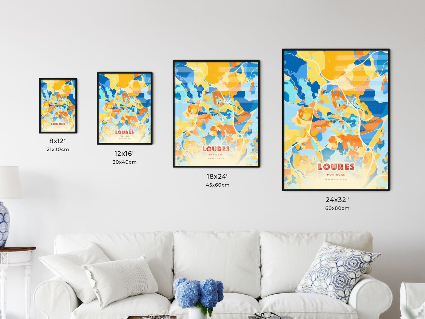 Colorful LOURES PORTUGAL Fine Art Map Blue Orange