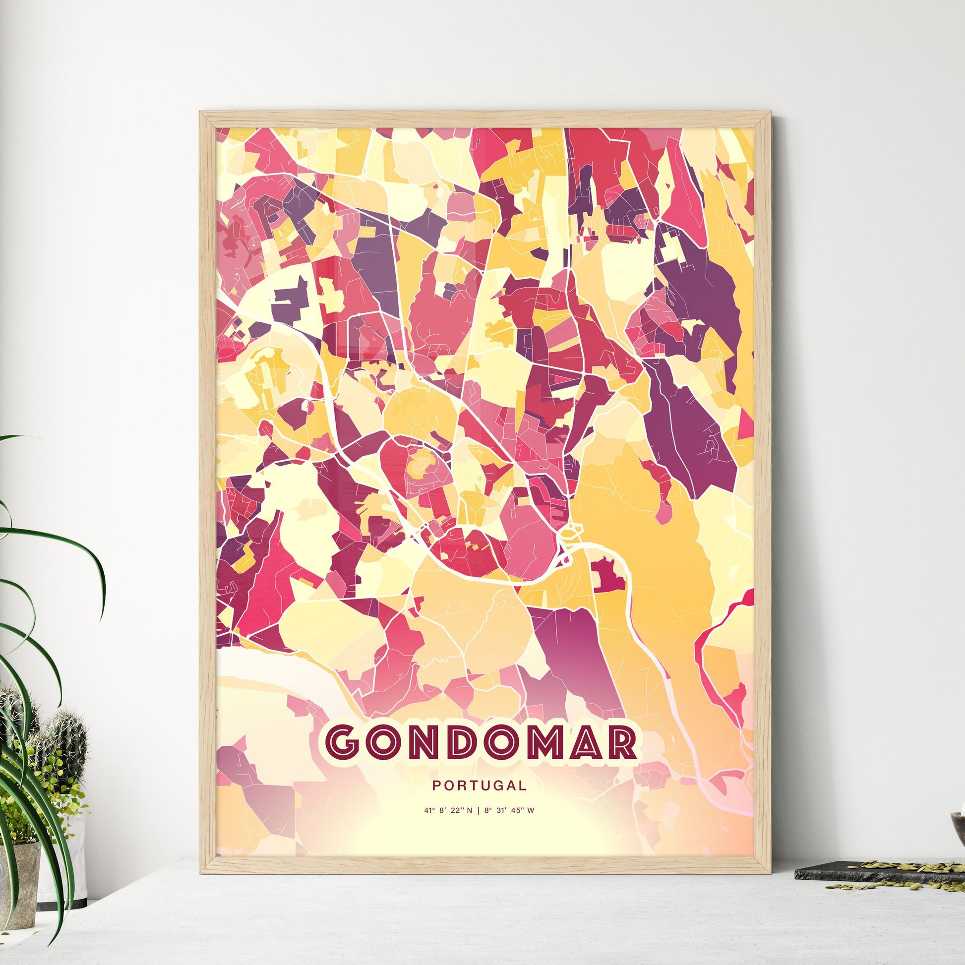 Colorful GONDOMAR PORTUGAL Fine Art Map Hot Red