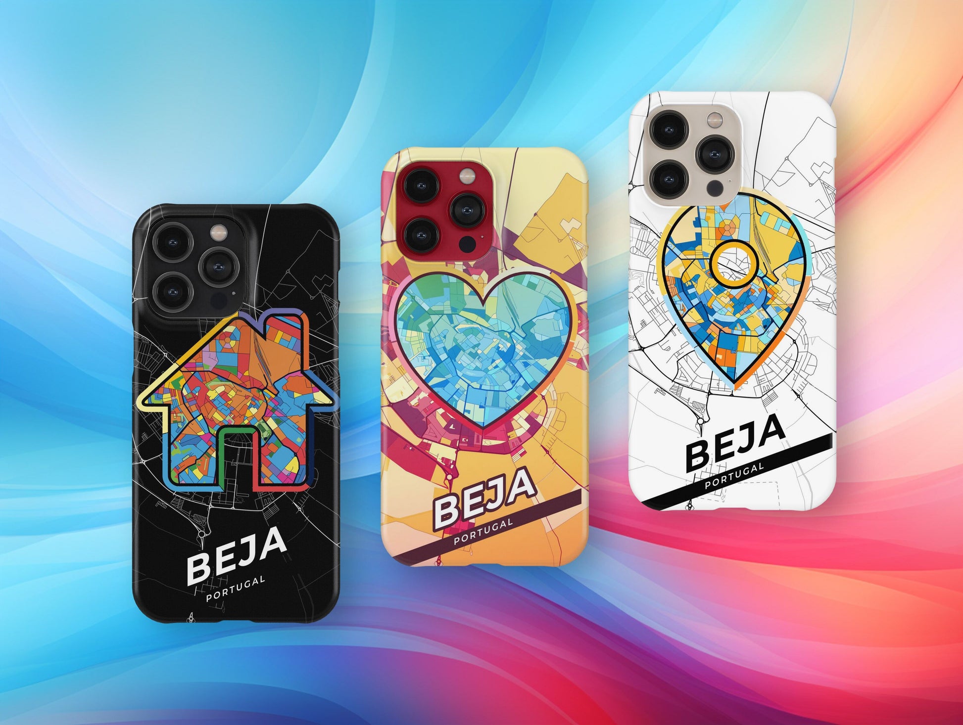 Beja Portugal slim phone case with colorful icon. Birthday, wedding or housewarming gift. Couple match cases.