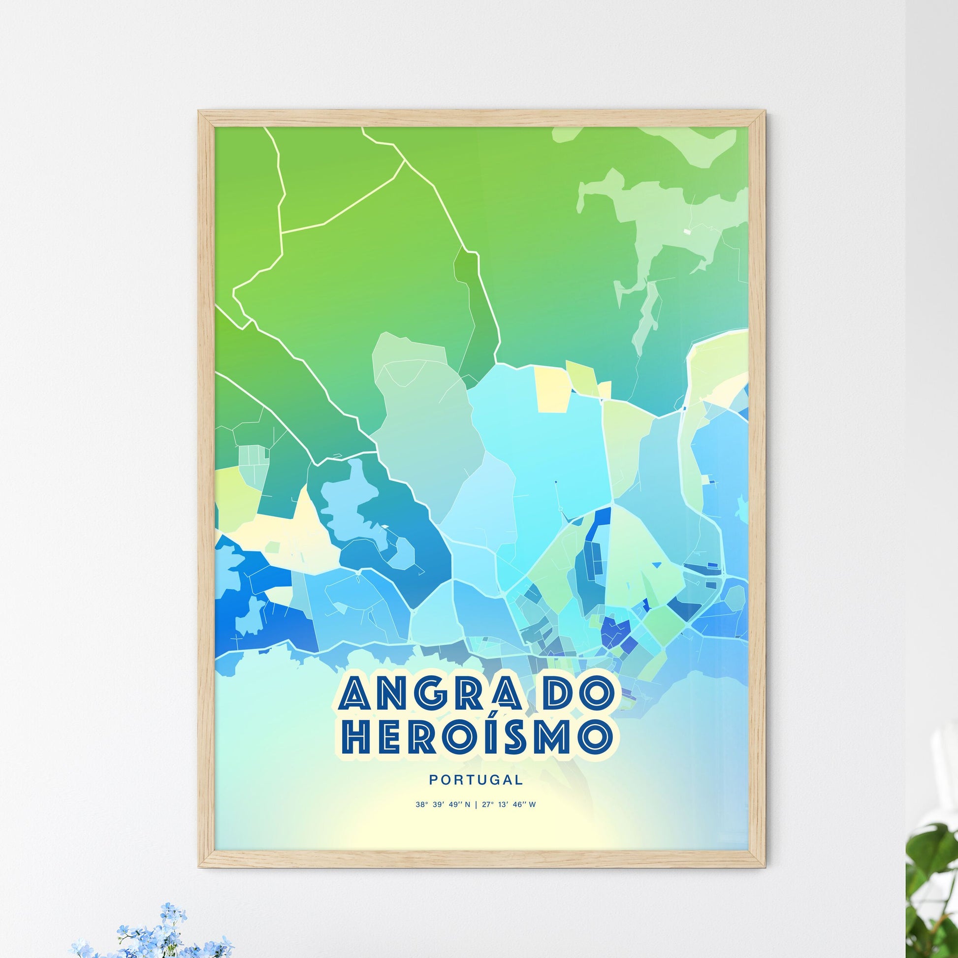 Colorful ANGRA DO HEROÍSMO PORTUGAL Fine Art Map Cool Blue