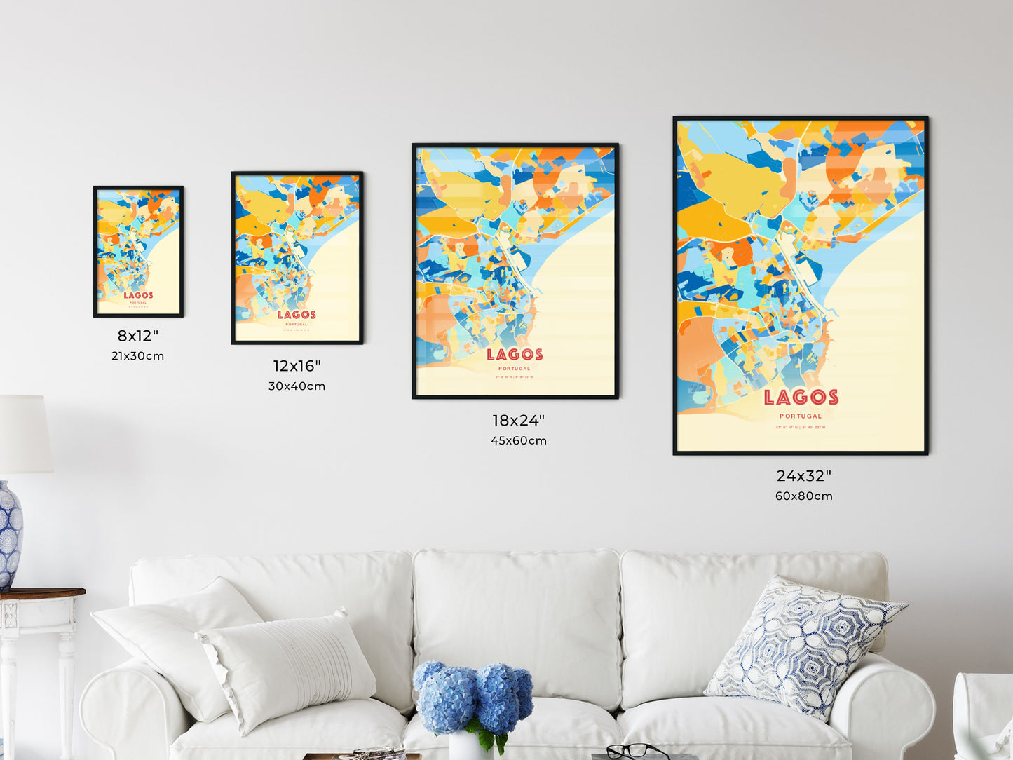 Colorful LAGOS PORTUGAL Fine Art Map Blue Orange