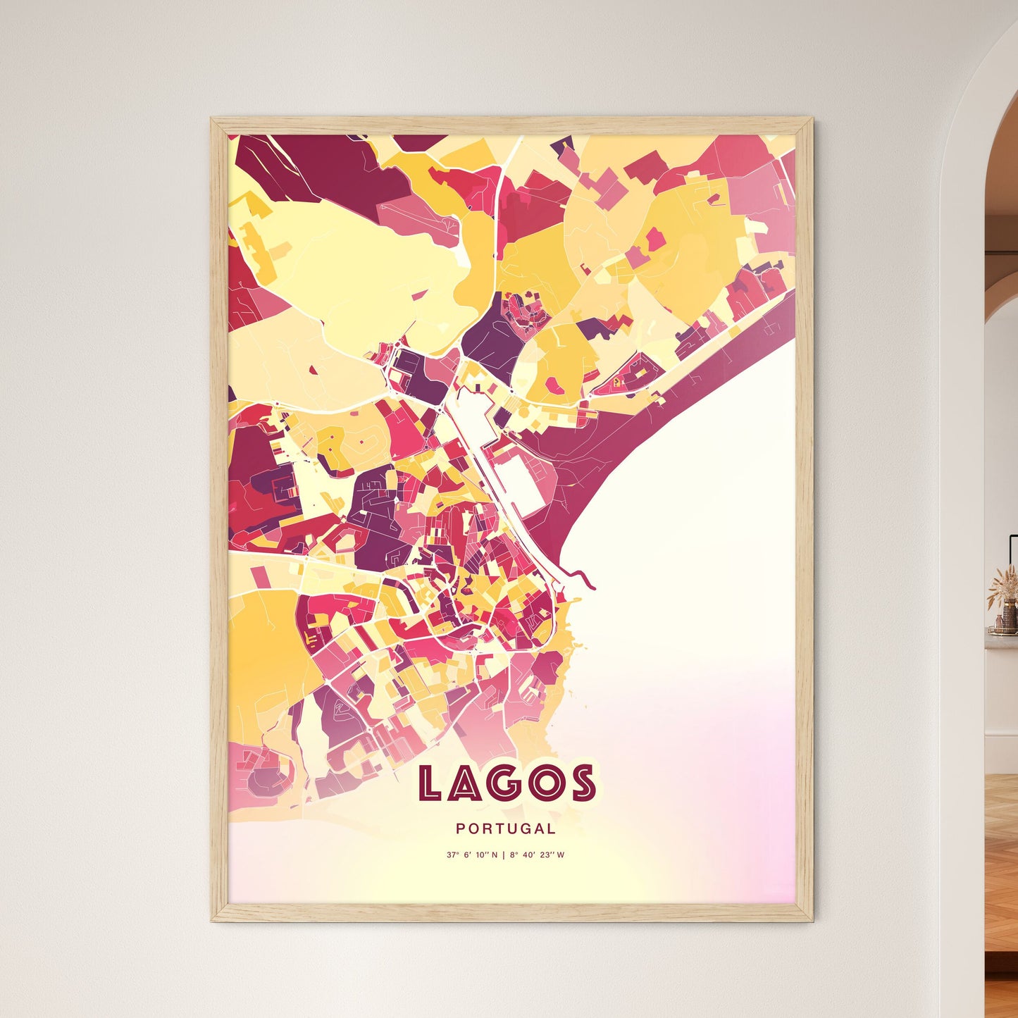 Colorful LAGOS PORTUGAL Fine Art Map Hot Red