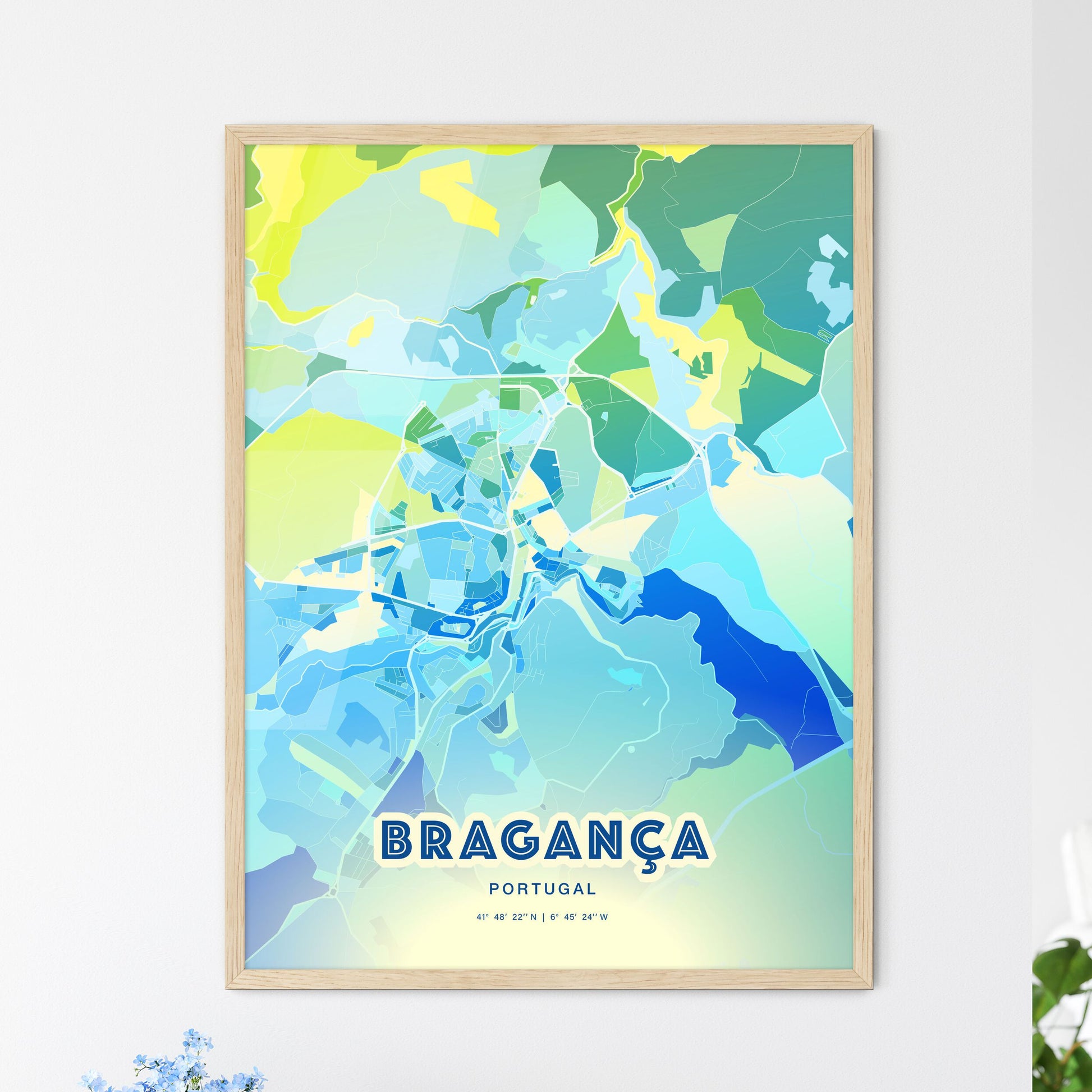 Colorful BRAGANÇA PORTUGAL Fine Art Map Cool Blue