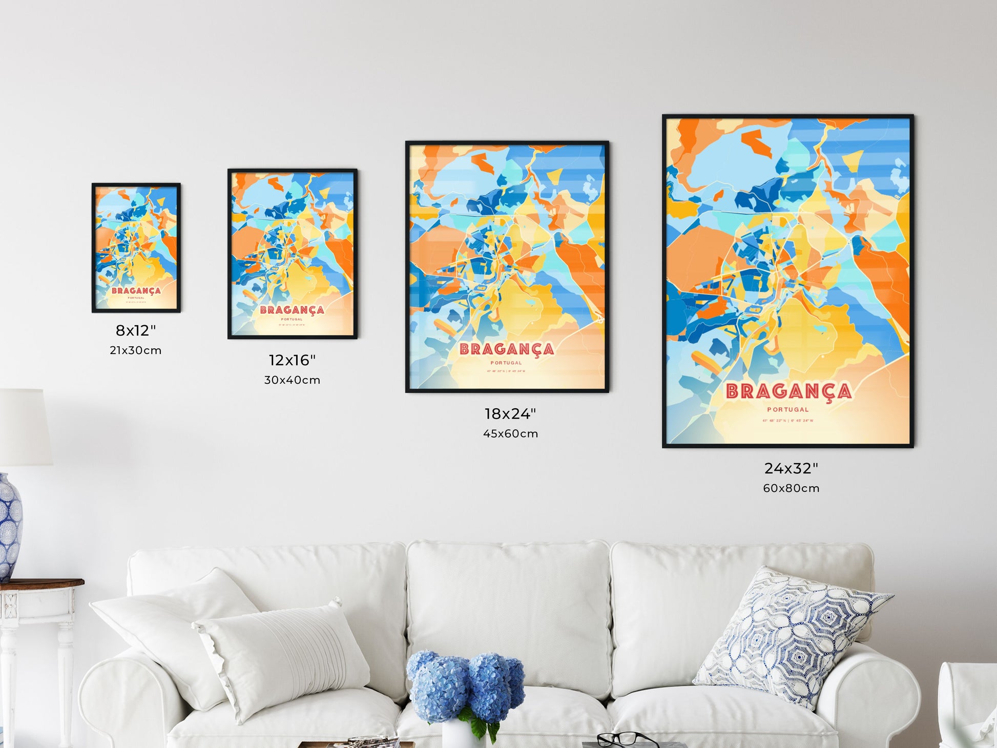 Colorful BRAGANÇA PORTUGAL Fine Art Map Blue Orange