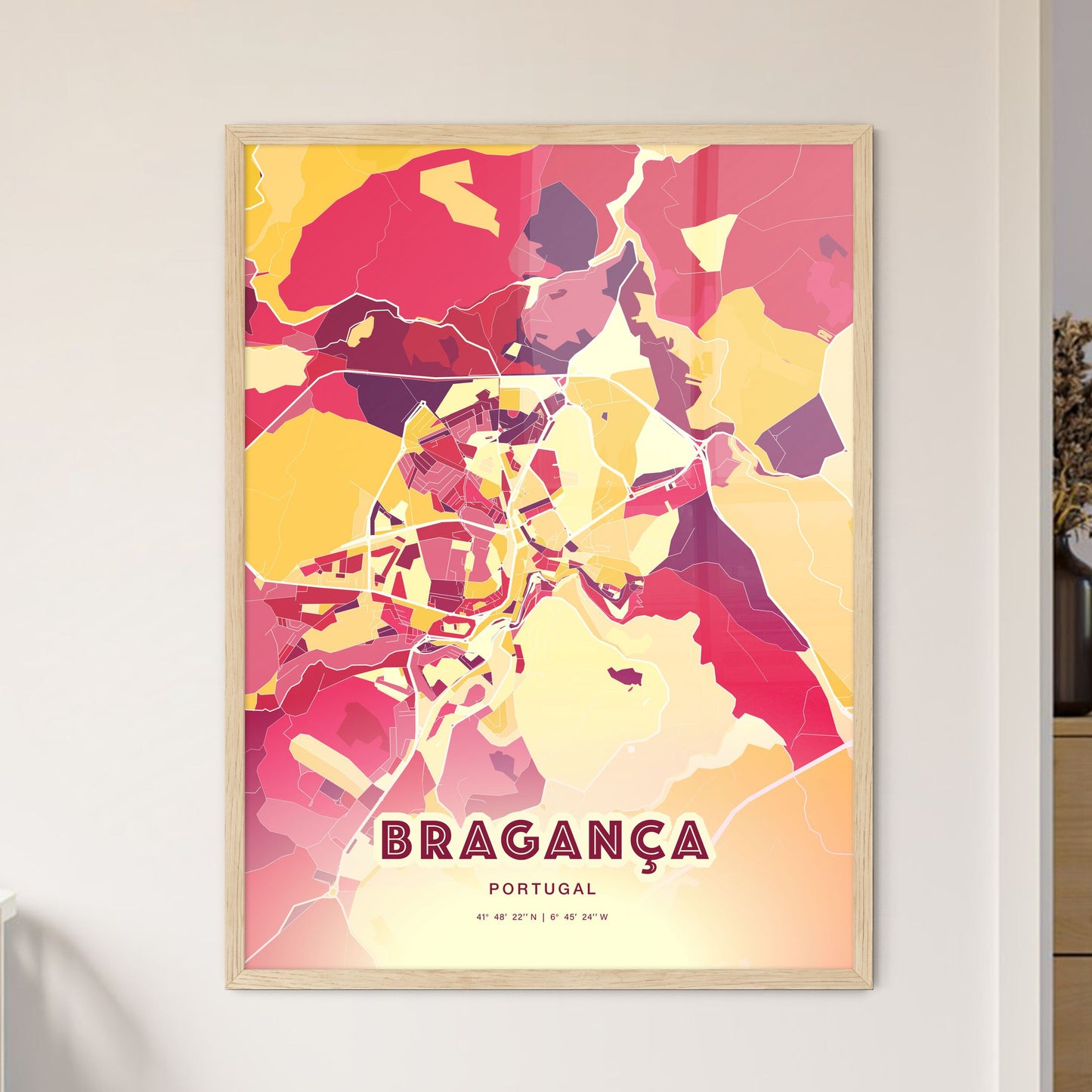 Colorful BRAGANÇA PORTUGAL Fine Art Map Hot Red