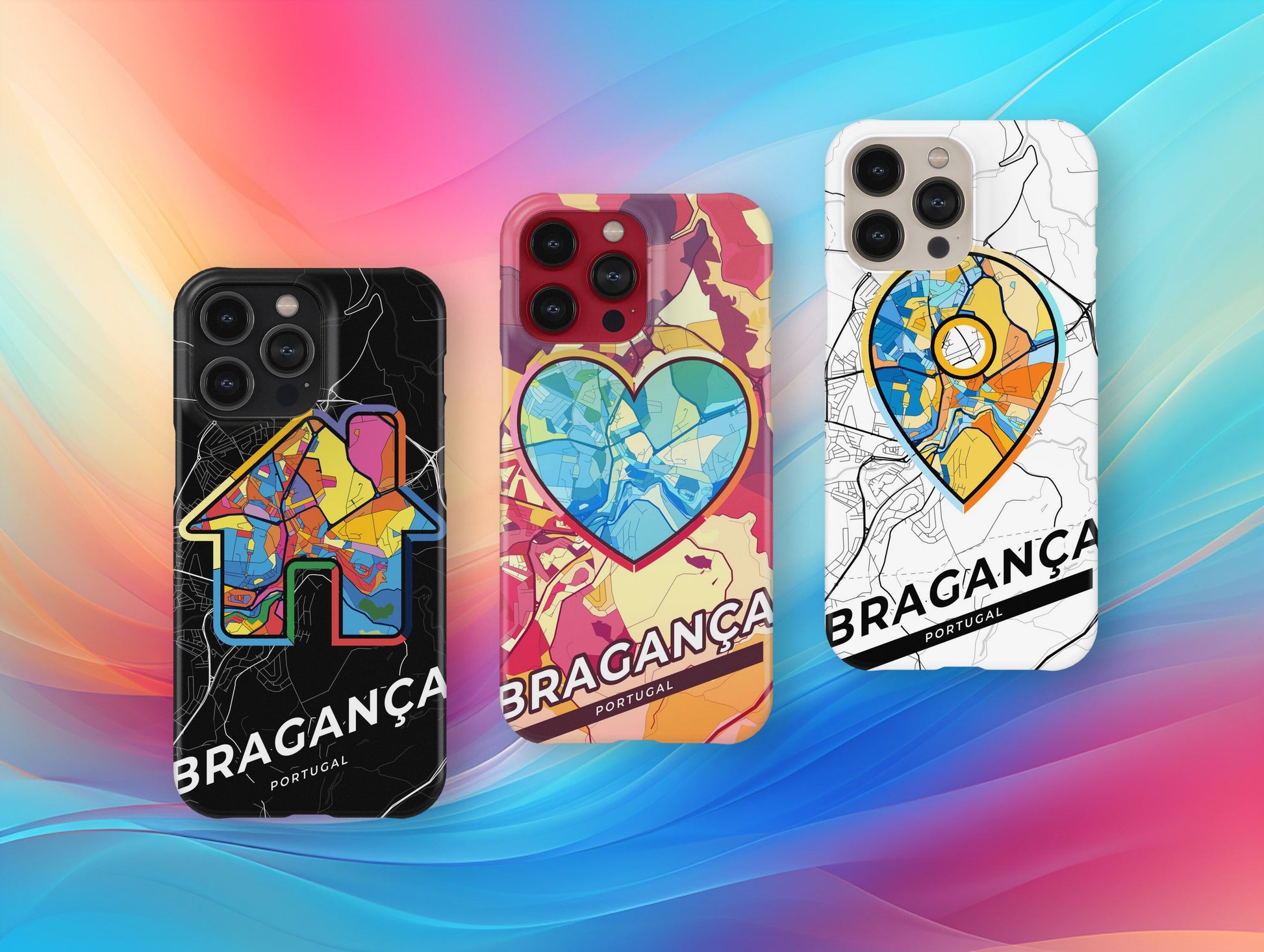 Bragança Portugal slim phone case with colorful icon. Birthday, wedding or housewarming gift. Couple match cases.