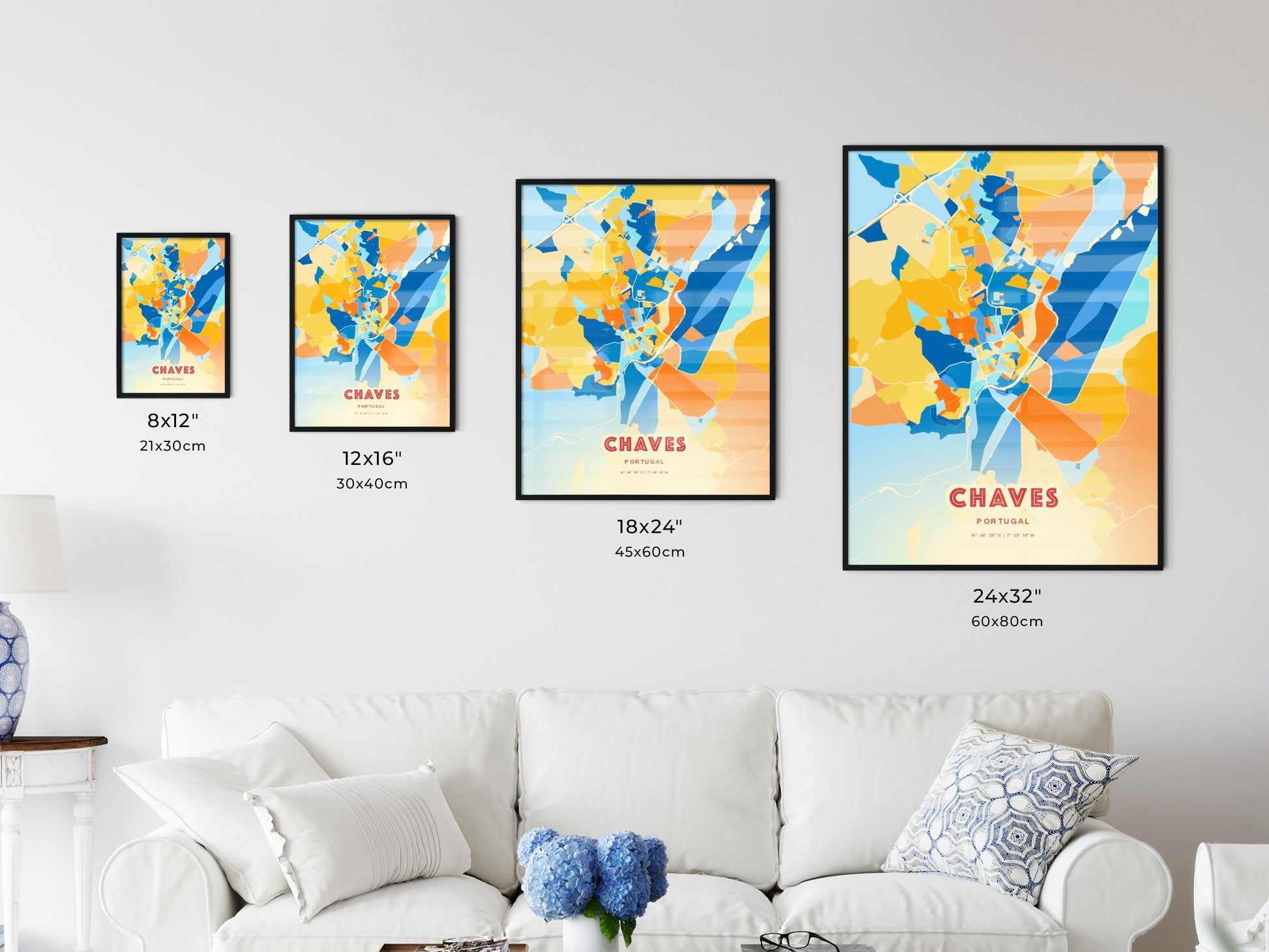 Colorful CHAVES PORTUGAL Fine Art Map Blue Orange