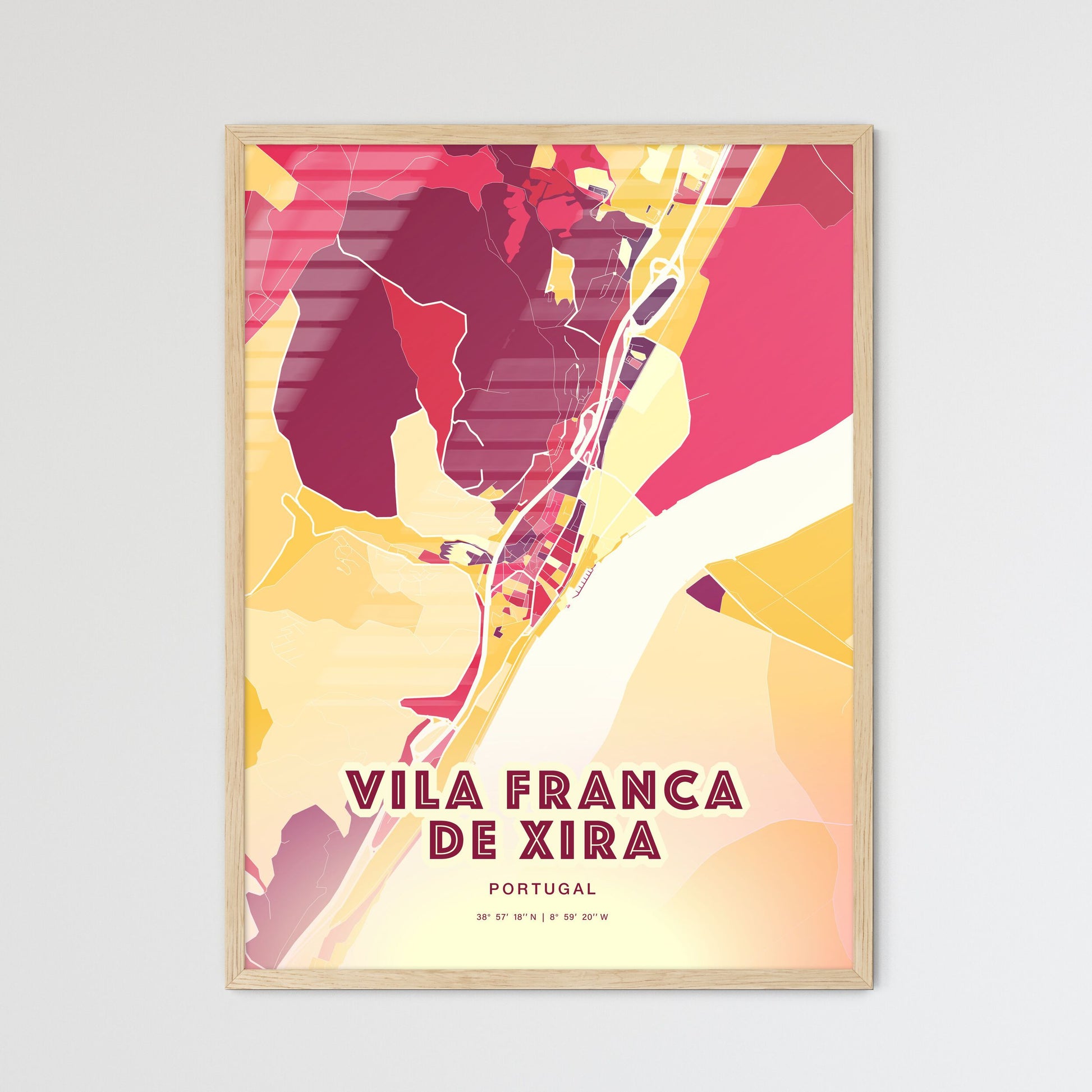 Colorful VILA FRANCA DE XIRA PORTUGAL Fine Art Map Hot Red