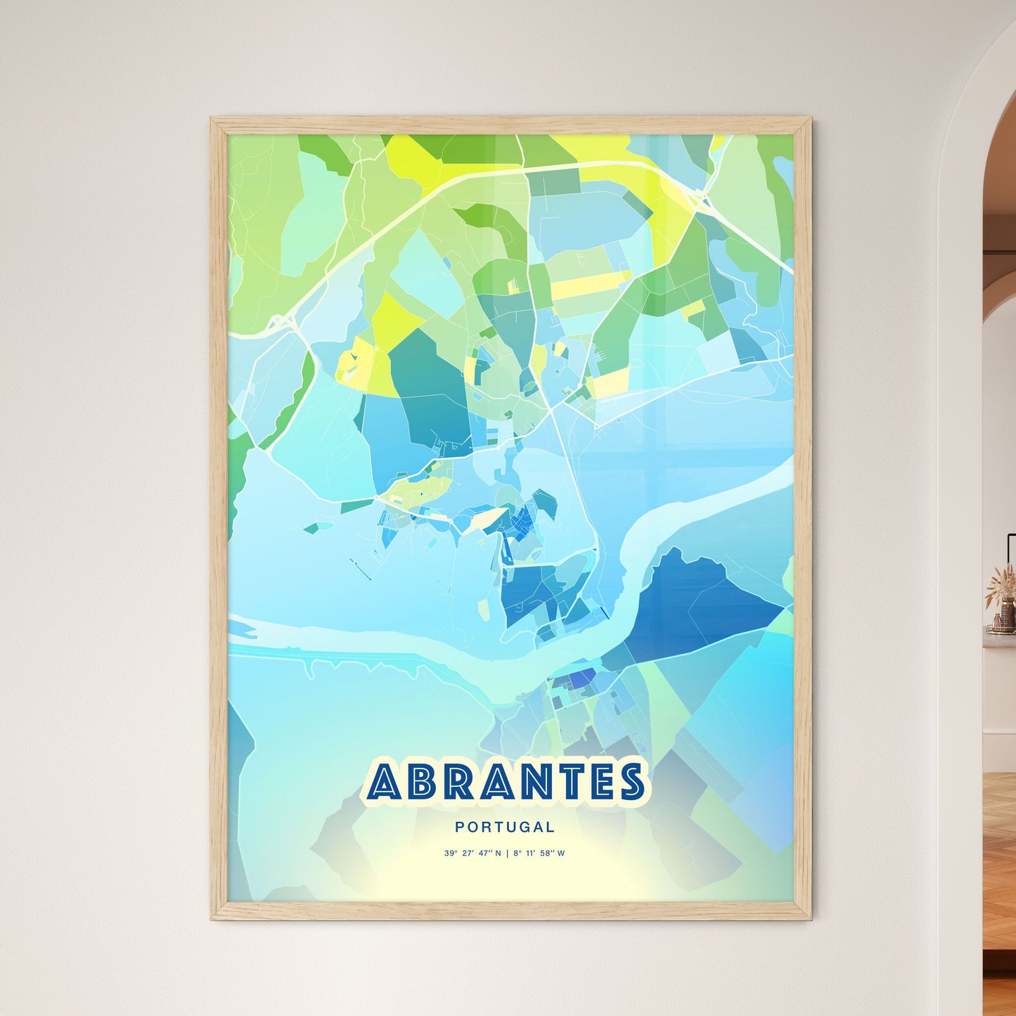 Colorful ABRANTES PORTUGAL Fine Art Map Cool Blue