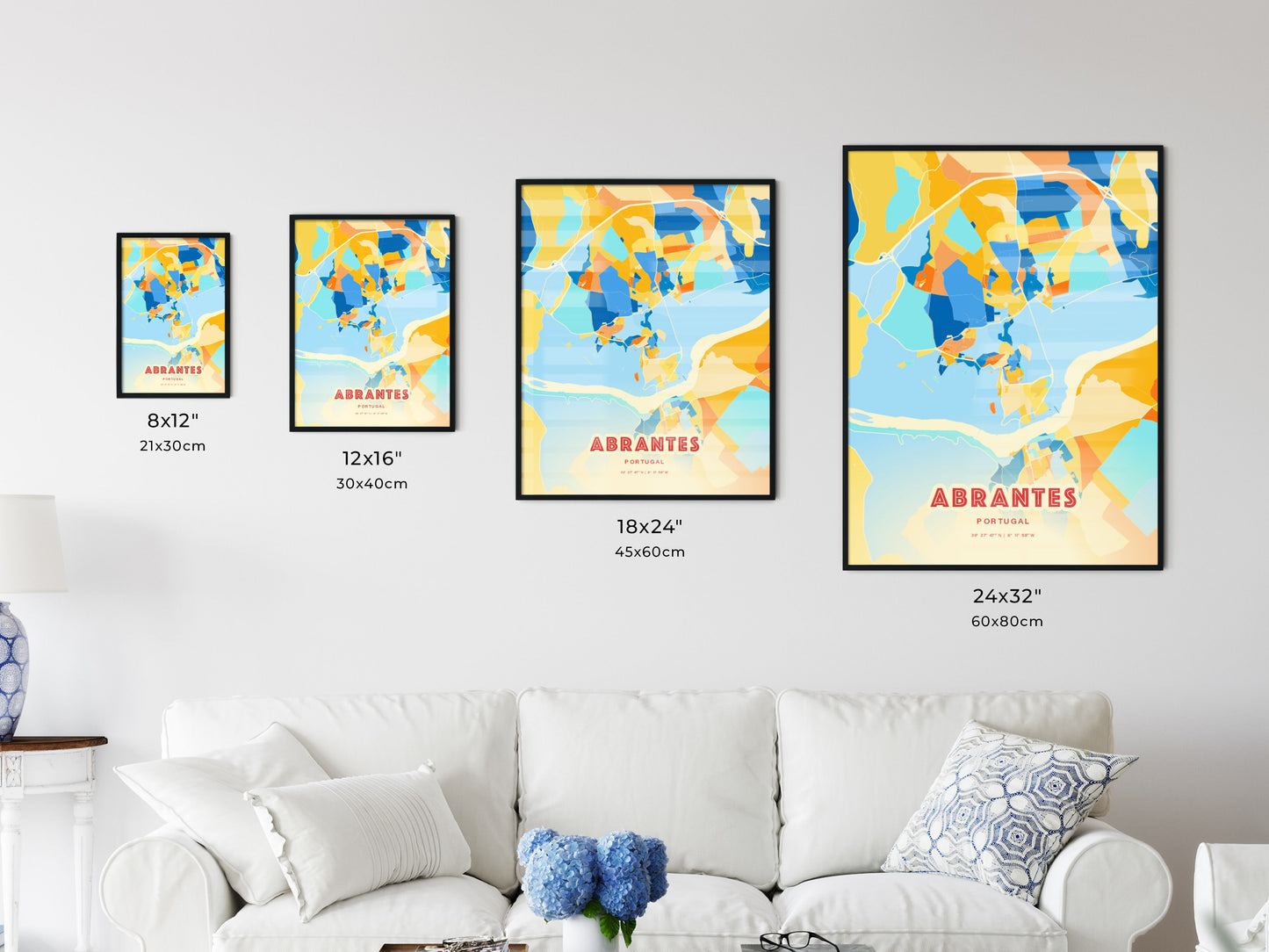 Colorful ABRANTES PORTUGAL Fine Art Map Blue Orange