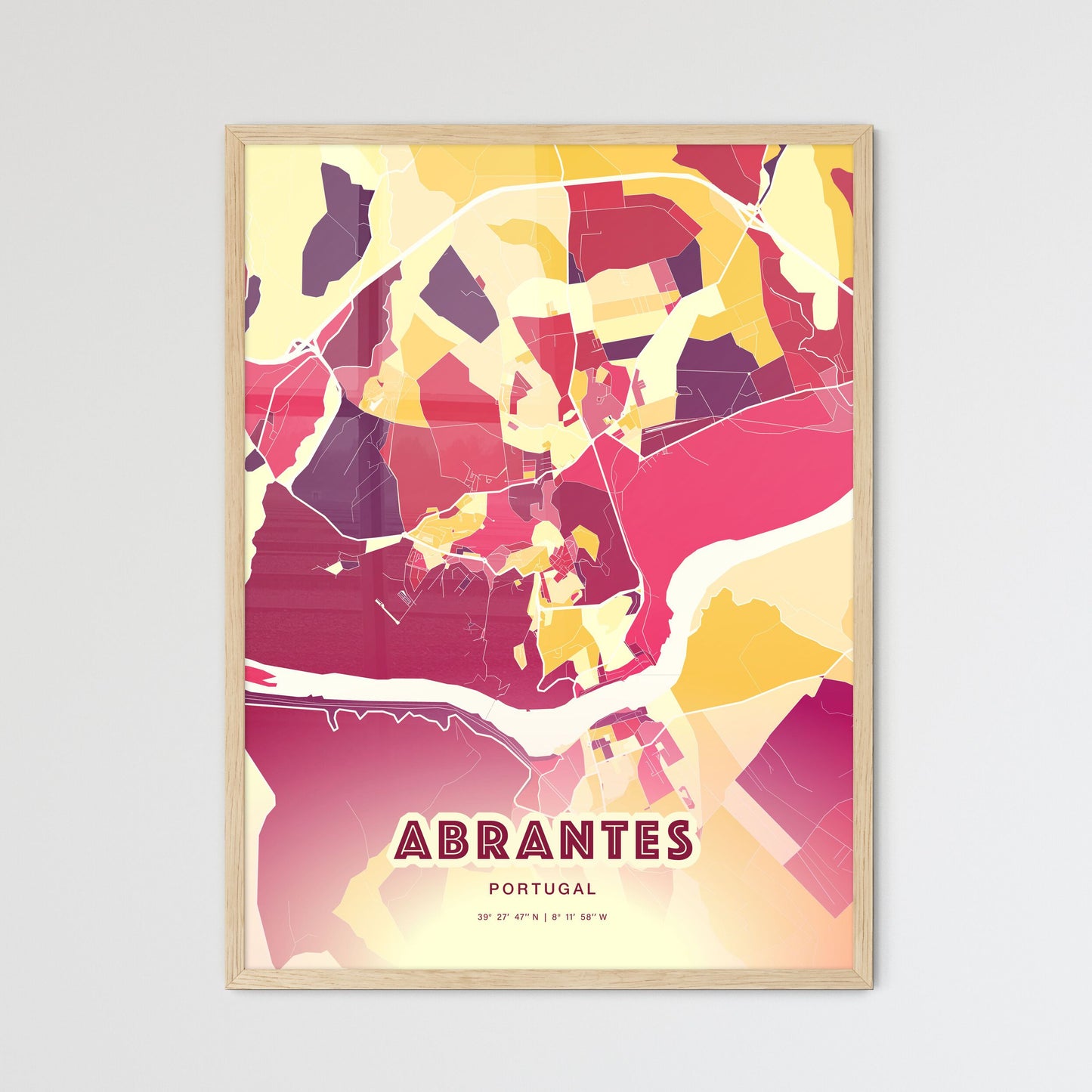 Colorful ABRANTES PORTUGAL Fine Art Map Hot Red