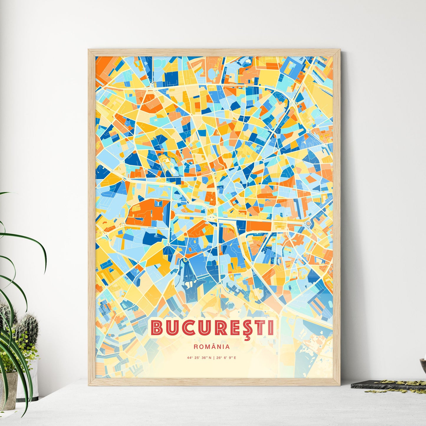 Colorful Bucharest Romania Fine Art Map Blue Orange