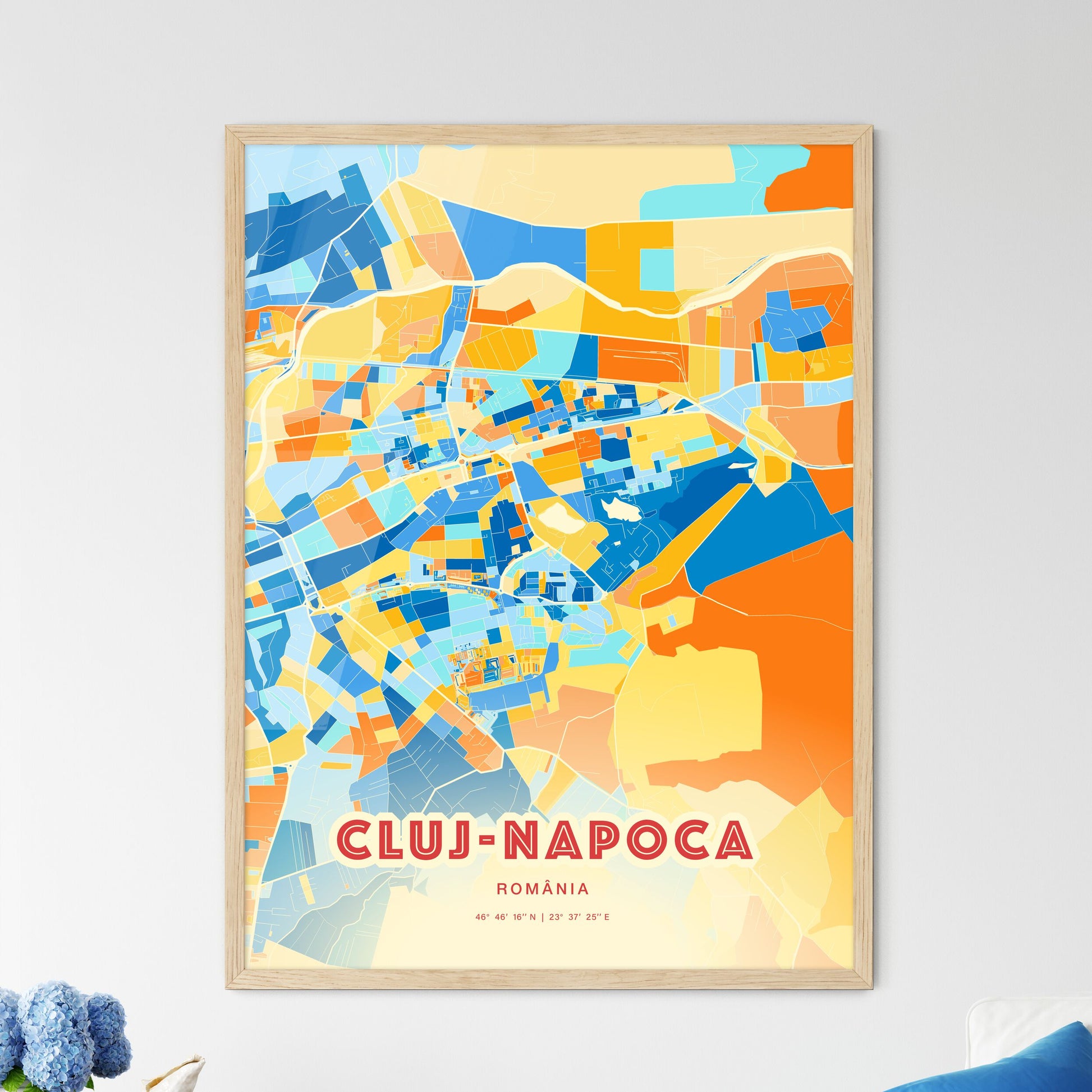 Colorful CLUJ-NAPOCA ROMANIA Fine Art Map Blue Orange