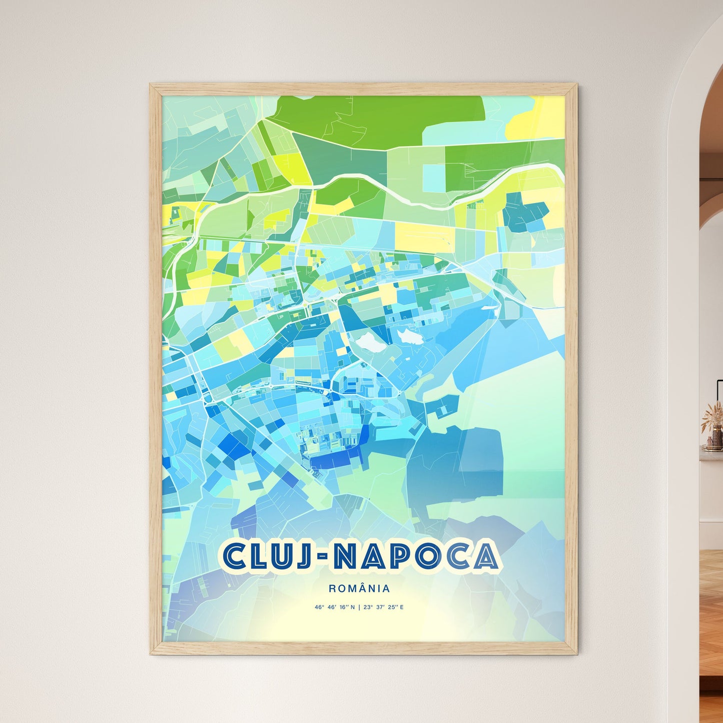 Colorful CLUJ-NAPOCA ROMANIA Fine Art Map Cool Blue